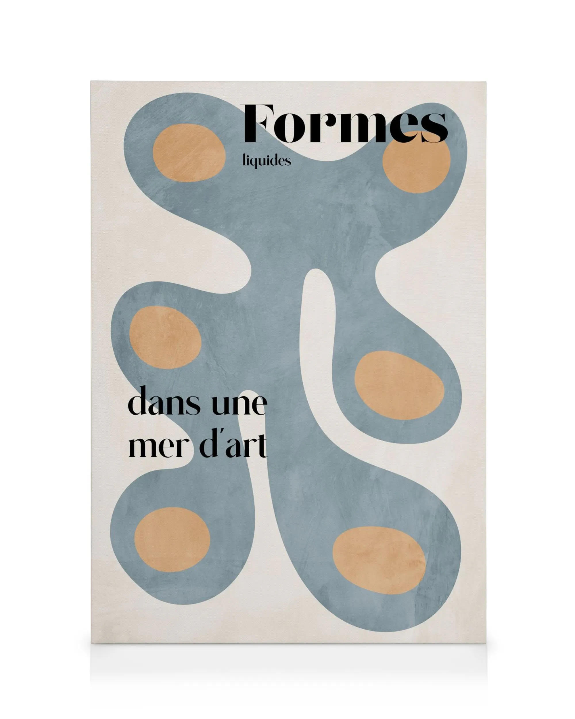 Liquid Shapes No1 canvas print with flowing blue organic shapes and peach accents on a light background.