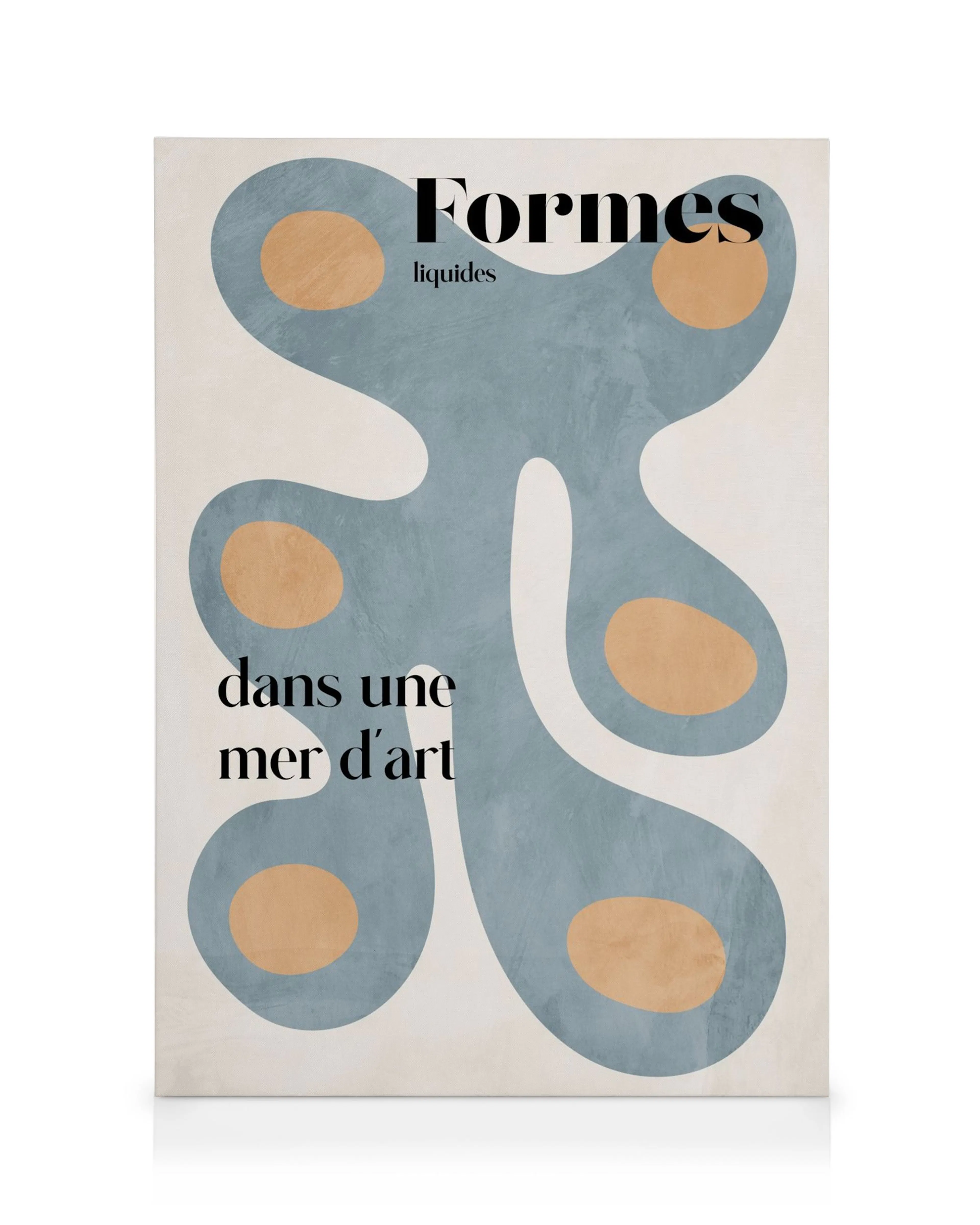 Liquid Shapes No1 canvas print with flowing blue organic shapes and peach accents on a light background.