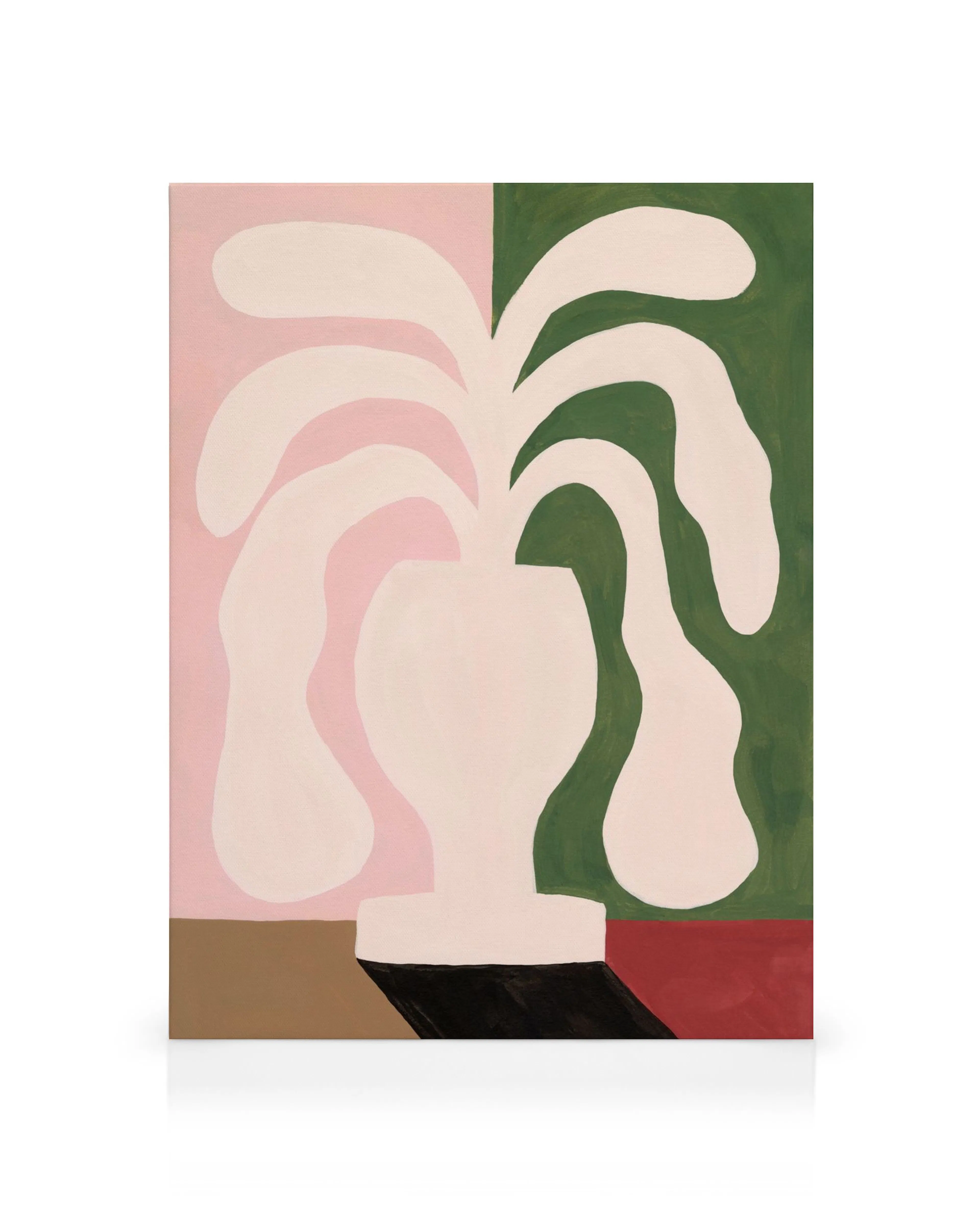 Toile abstraite avec vase central, fond rose et vert foncé, blocs marron et bordeaux. Typographie moderne.