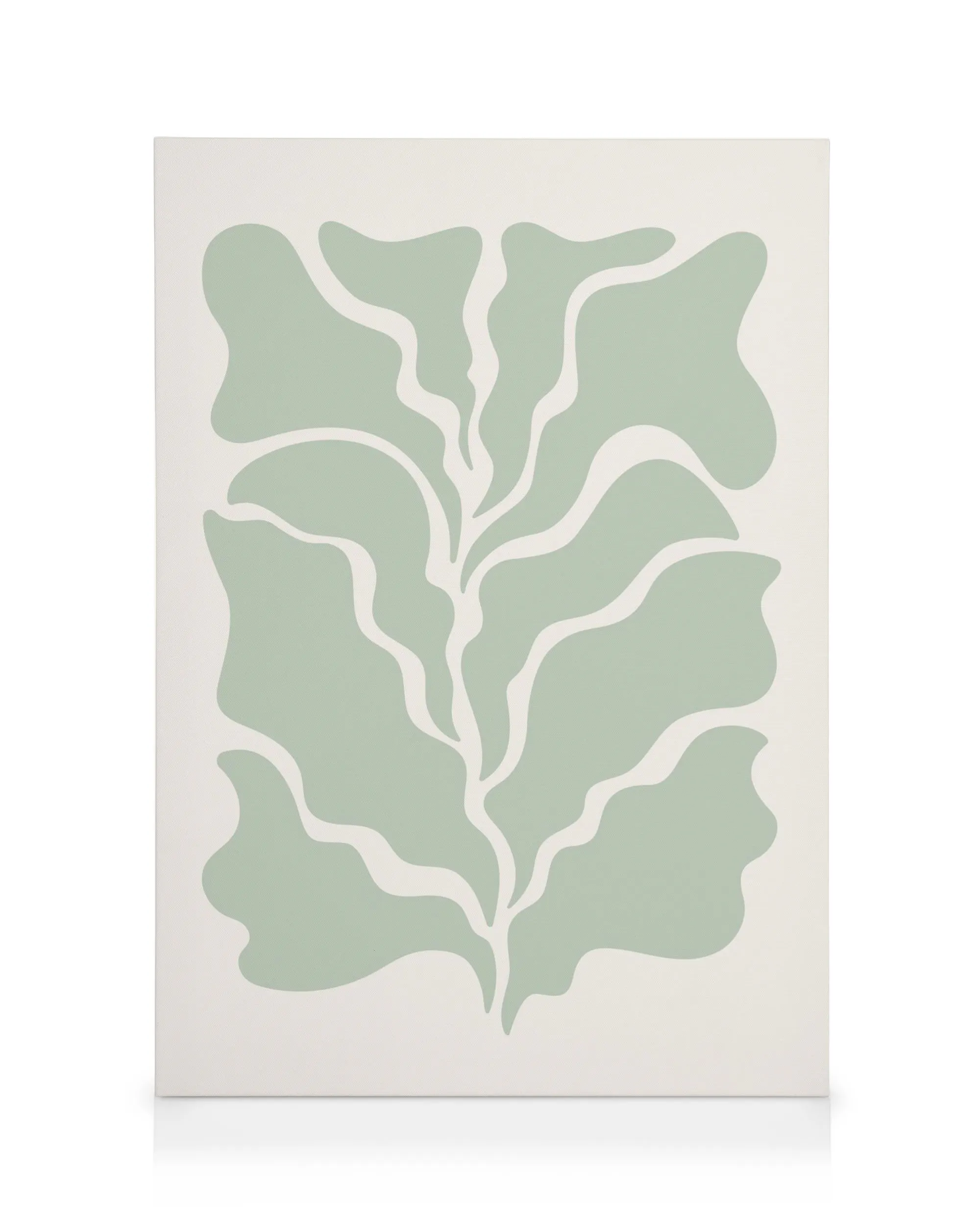 Graphic green leaf canvas art with organic shapes and flowing lines on a light background, creating a natural feel.