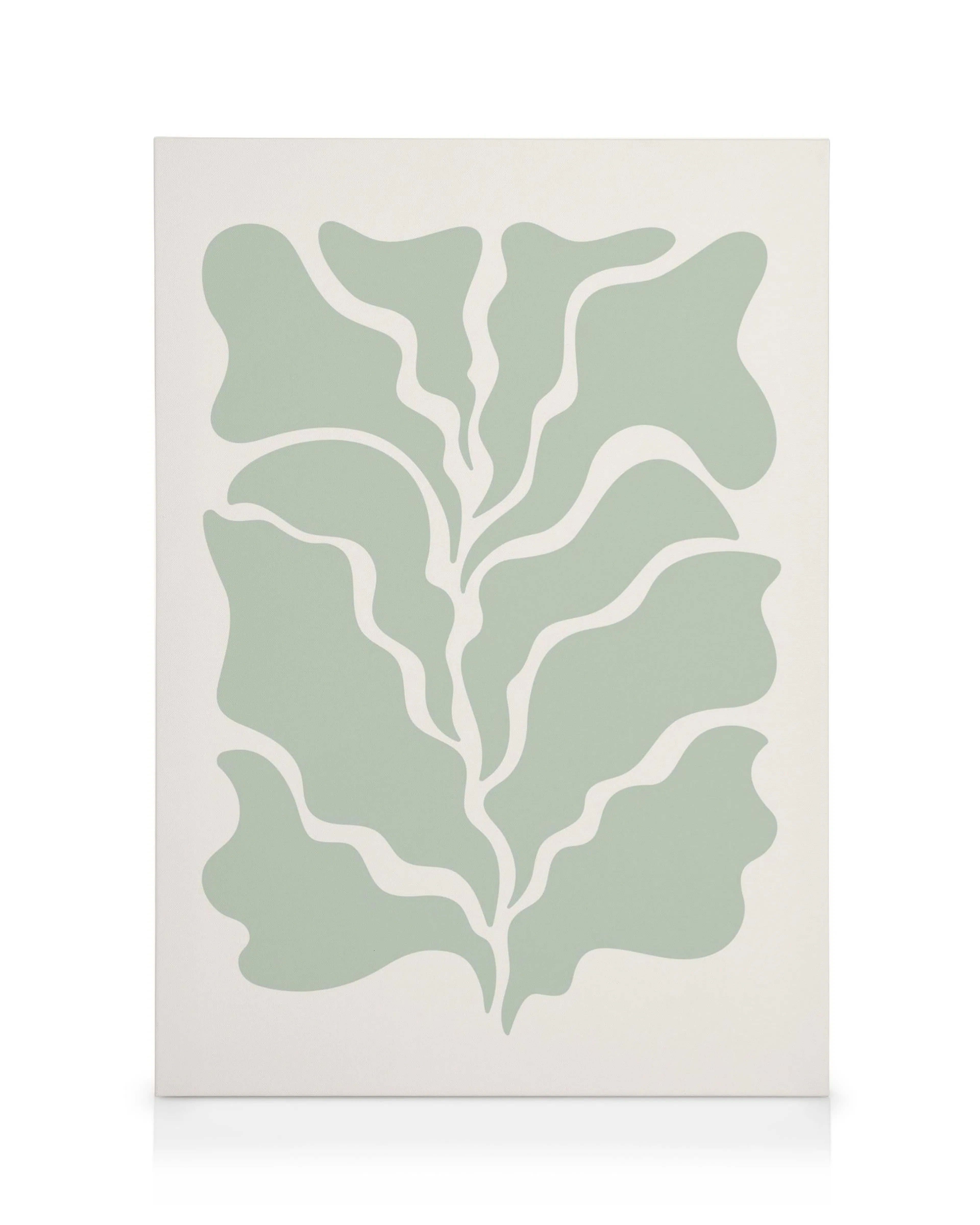 Graphic green leaf canvas art with organic shapes and flowing lines on a light background, creating a natural feel.