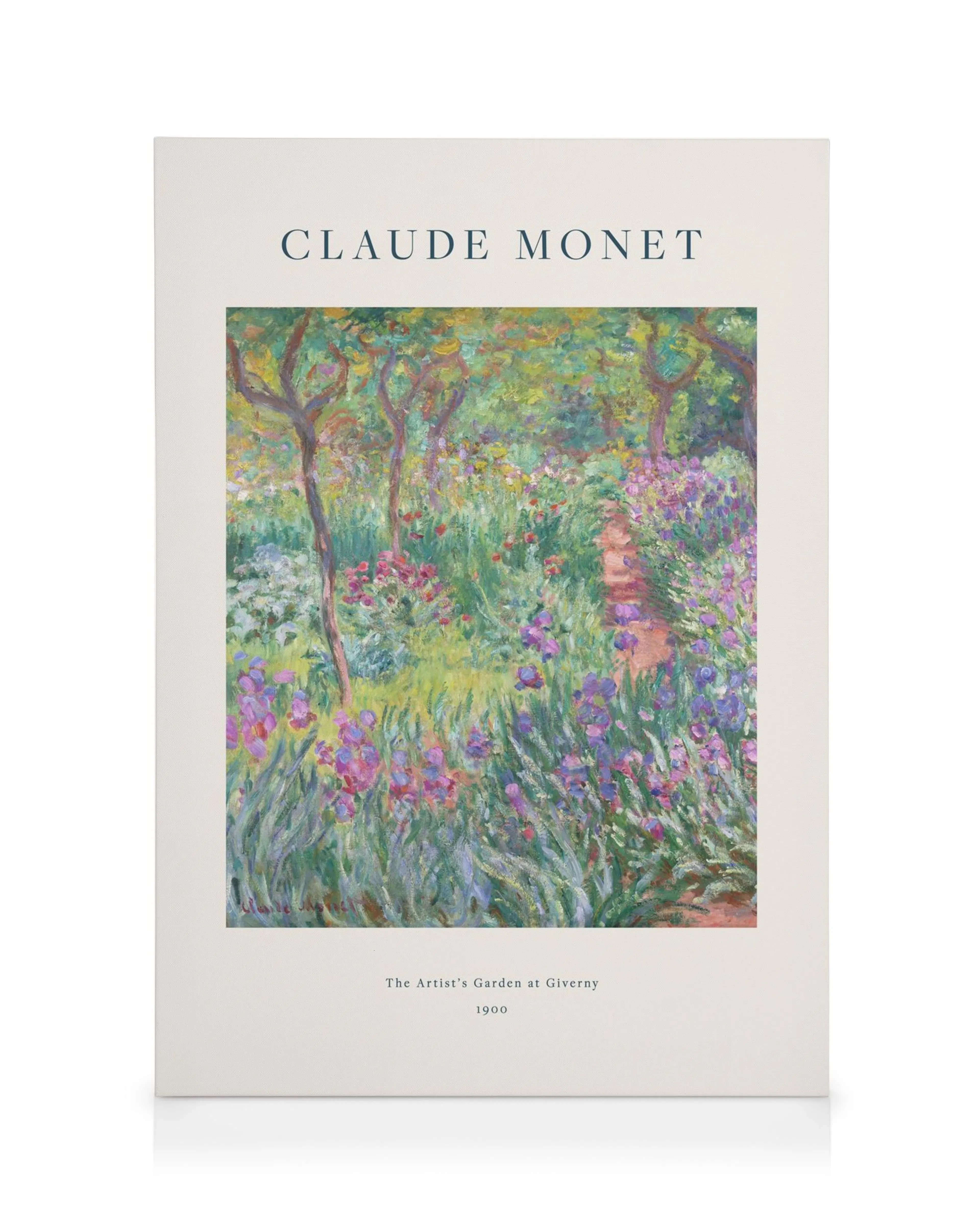 Stampa su tela del giardino di Monet a Giverny con sentiero tra fiori viola e rosa.