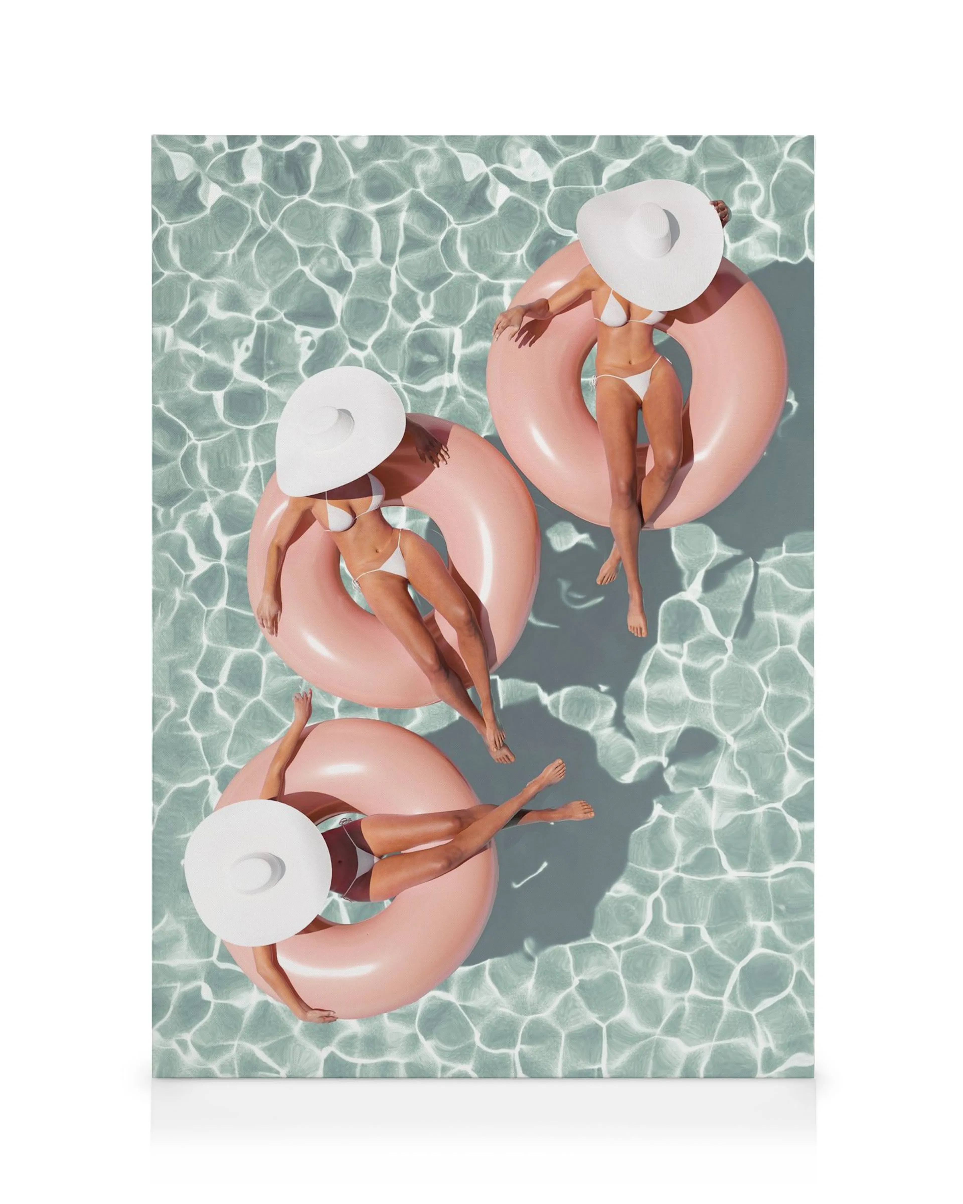 Overhead view of three women in white bikinis and sun hats floating on pink inflatable rings in a shimmering pool, Pool Day art.