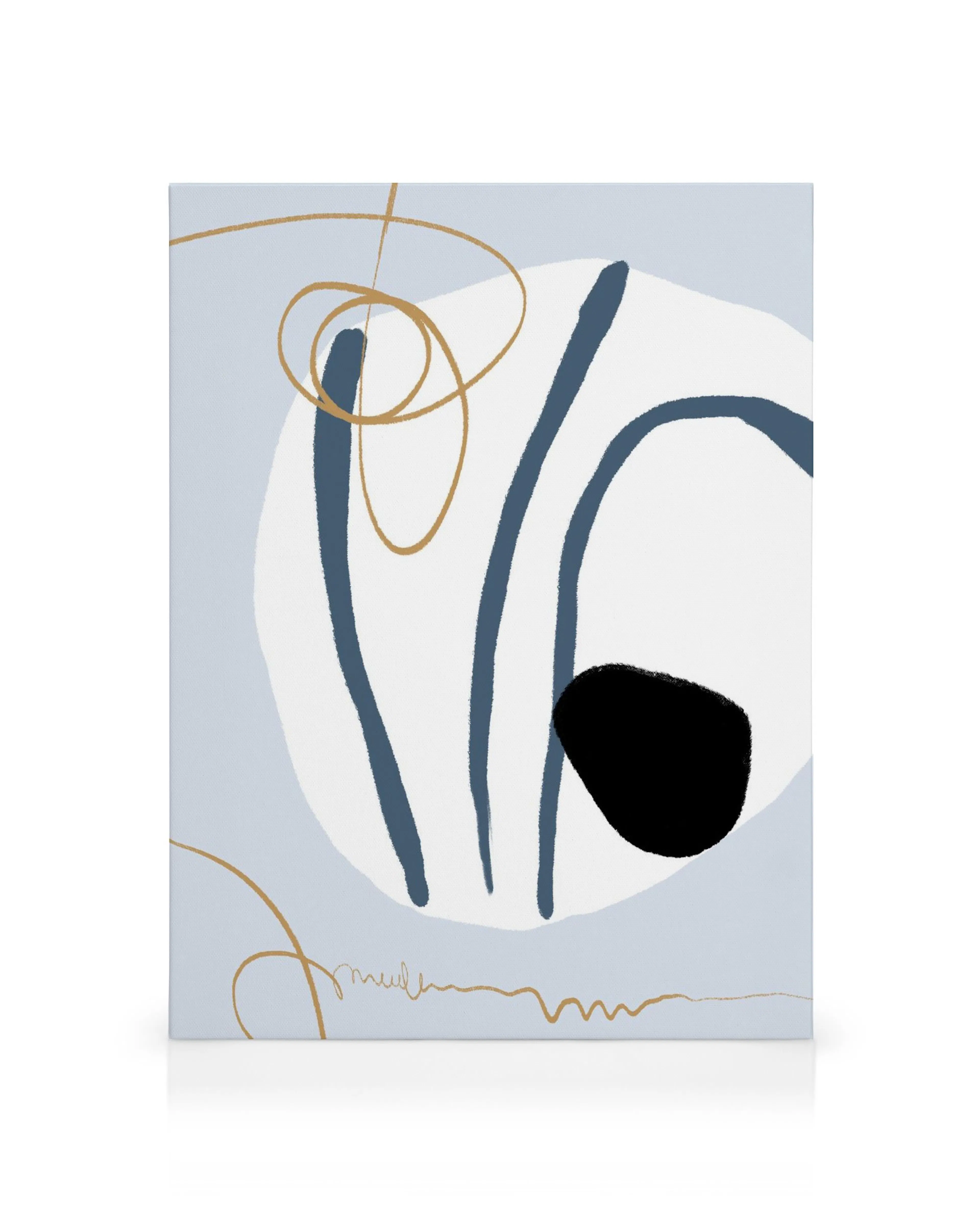 Abstract canvas print with blue, black, and gold shapes on a light background. Features a large black circle and gold scribbles.