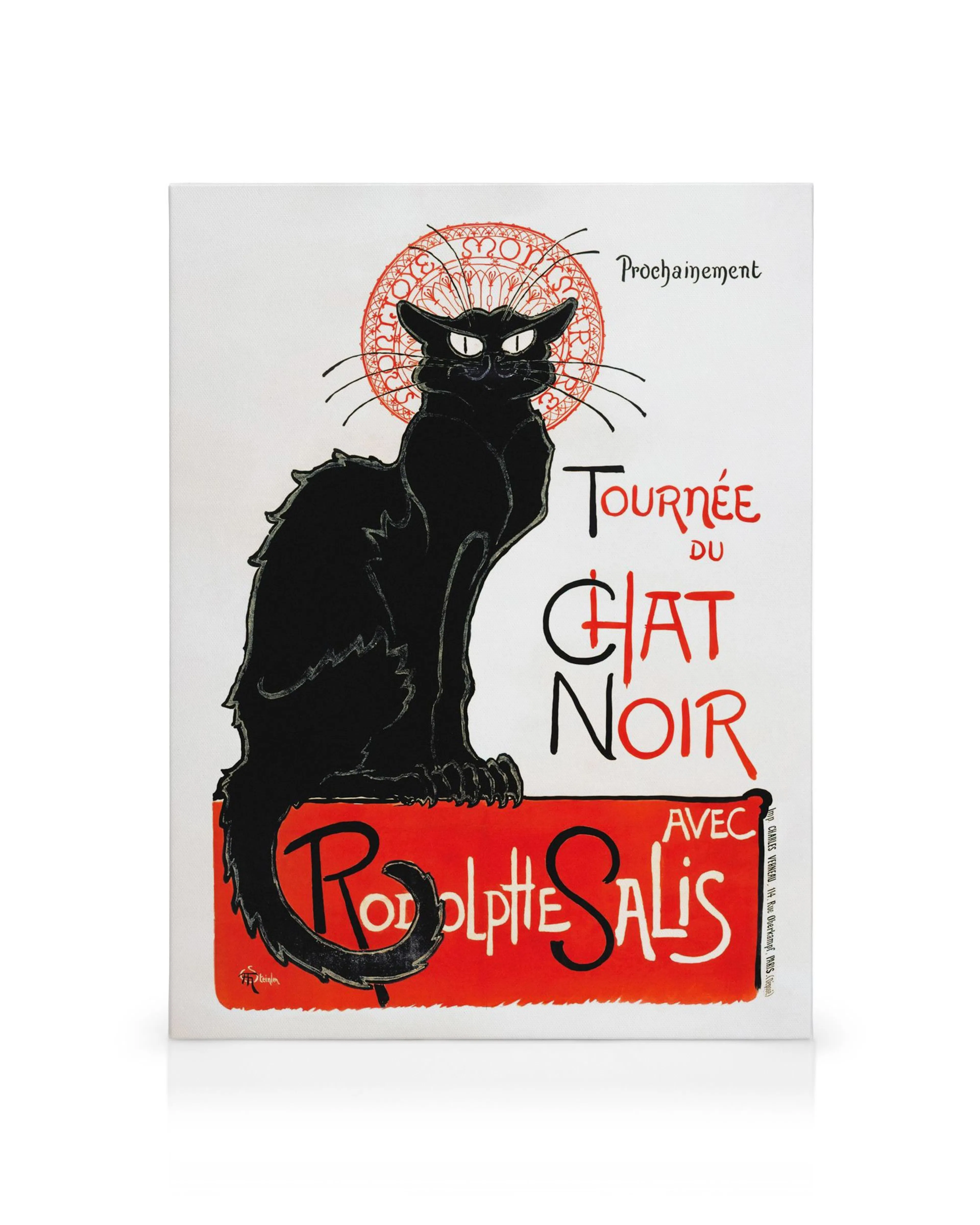 Zwarte kat canvas, grafische stijl, rode cirkel, Tournee Du Chat Noir en Rodolphe Salis tekst op witte achtergrond.