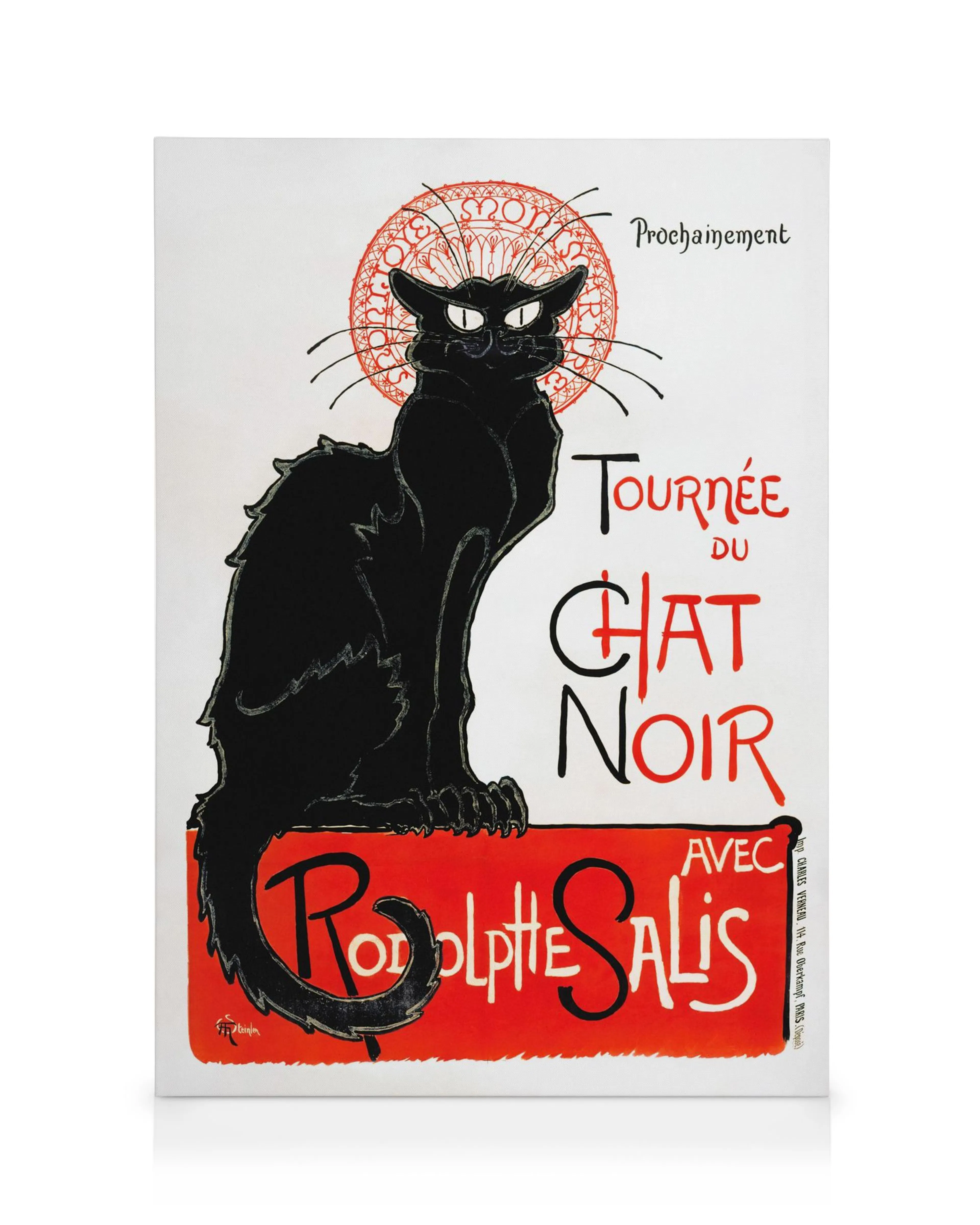 Plátno Chat Noir s černou kočkou a červeným pozadím, inspirované plakátem Théophile-Alexandre Steinlena.