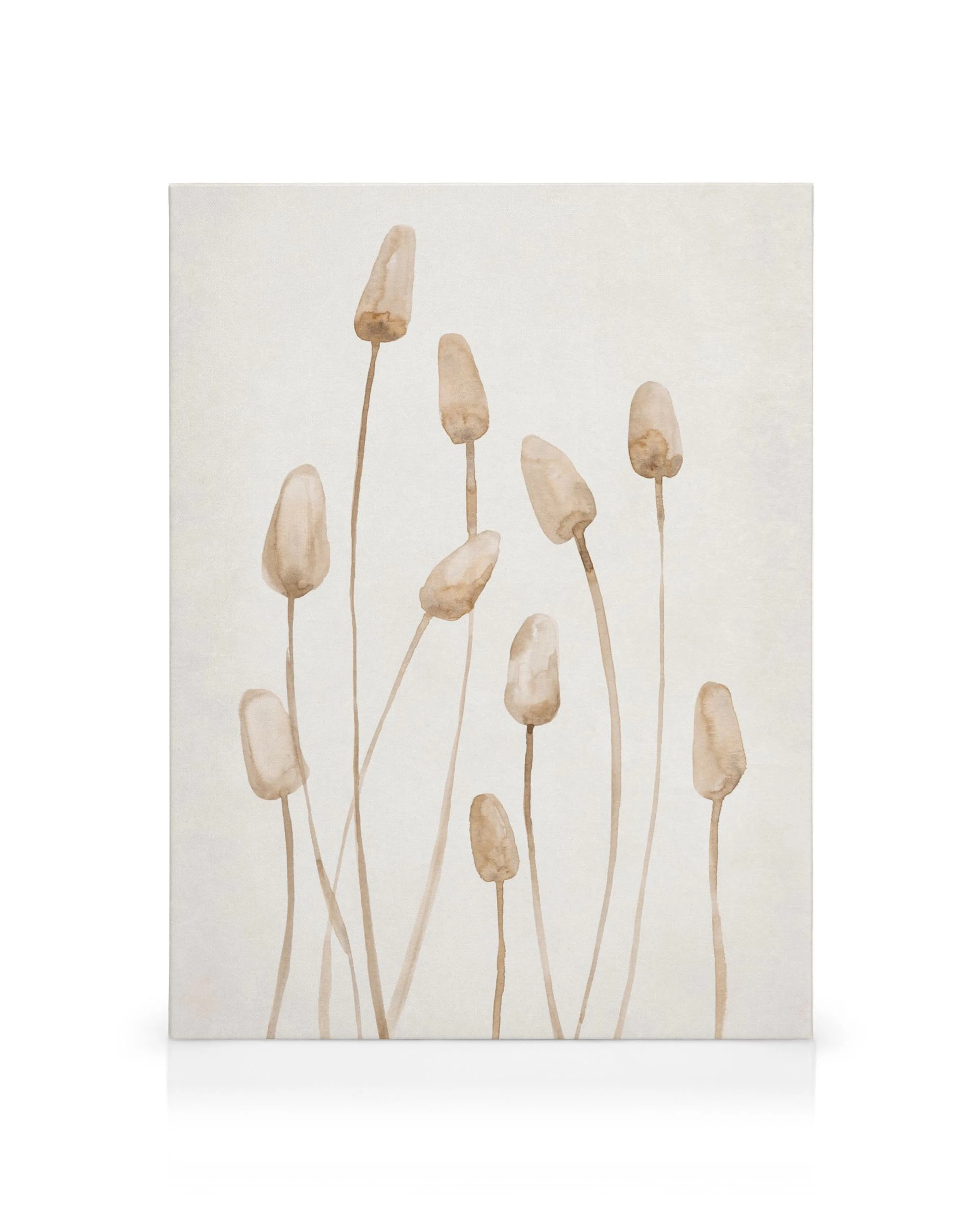 Watercolor canvas print with eleven brown plant-like shapes on a light, textured background. Muted tones of brown and beige.