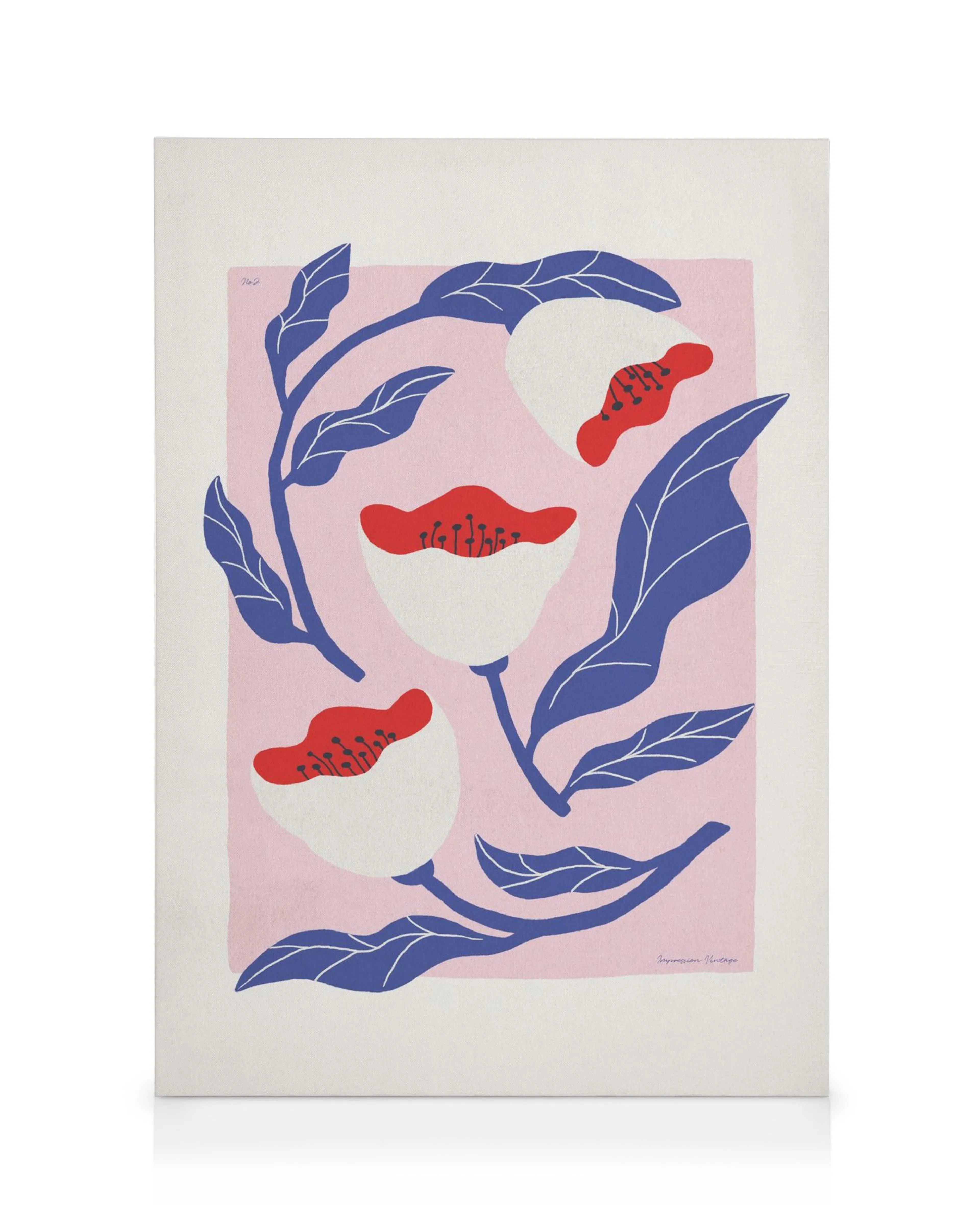 Abstract canvas met roze achtergrond, witte bloemen met rode kernen en blauwe bladeren, Motifs de Fleurs No2