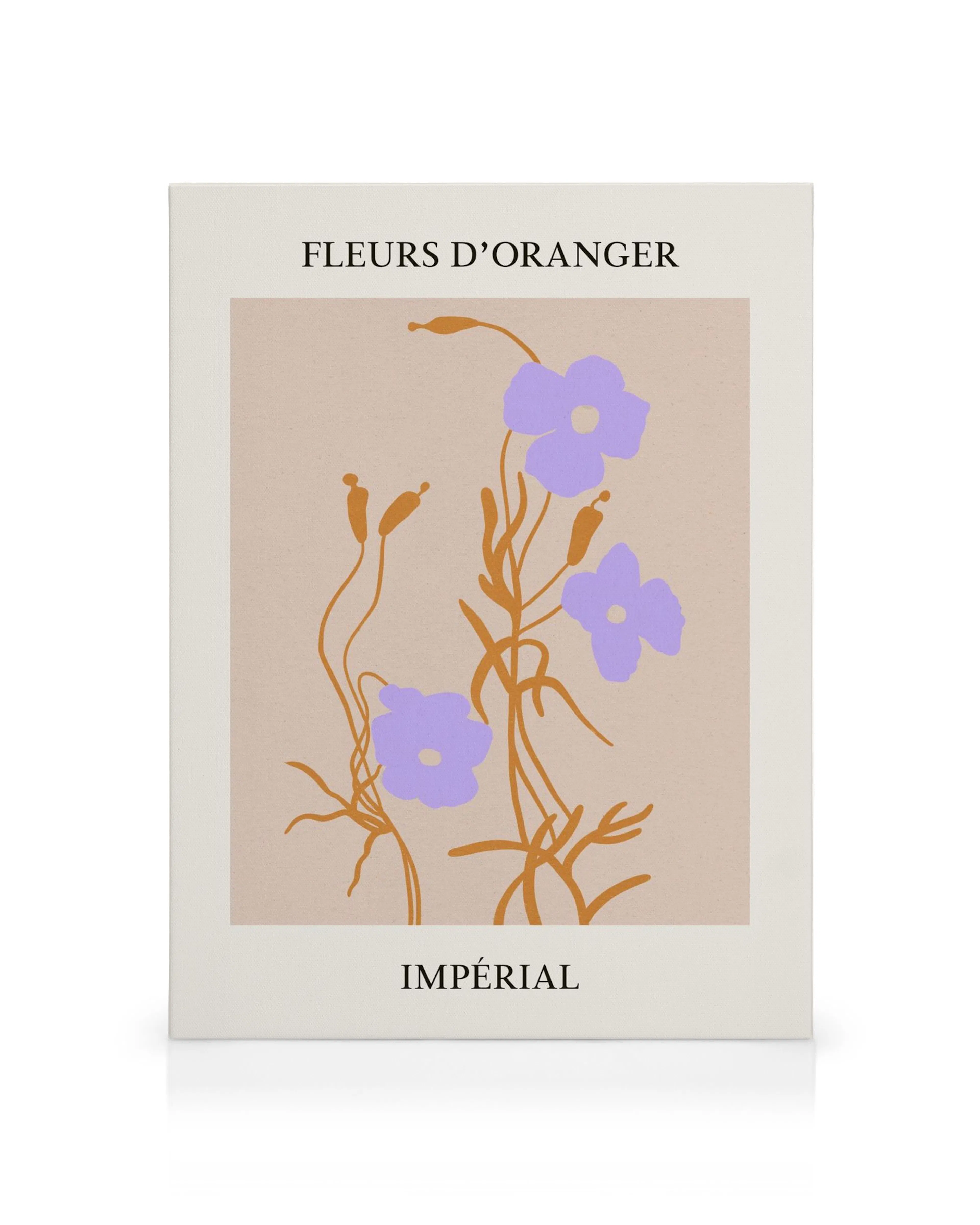 Fleurs No1 canvas print, a contemporary floral art piece with purple flowers and brown stems on a beige background.