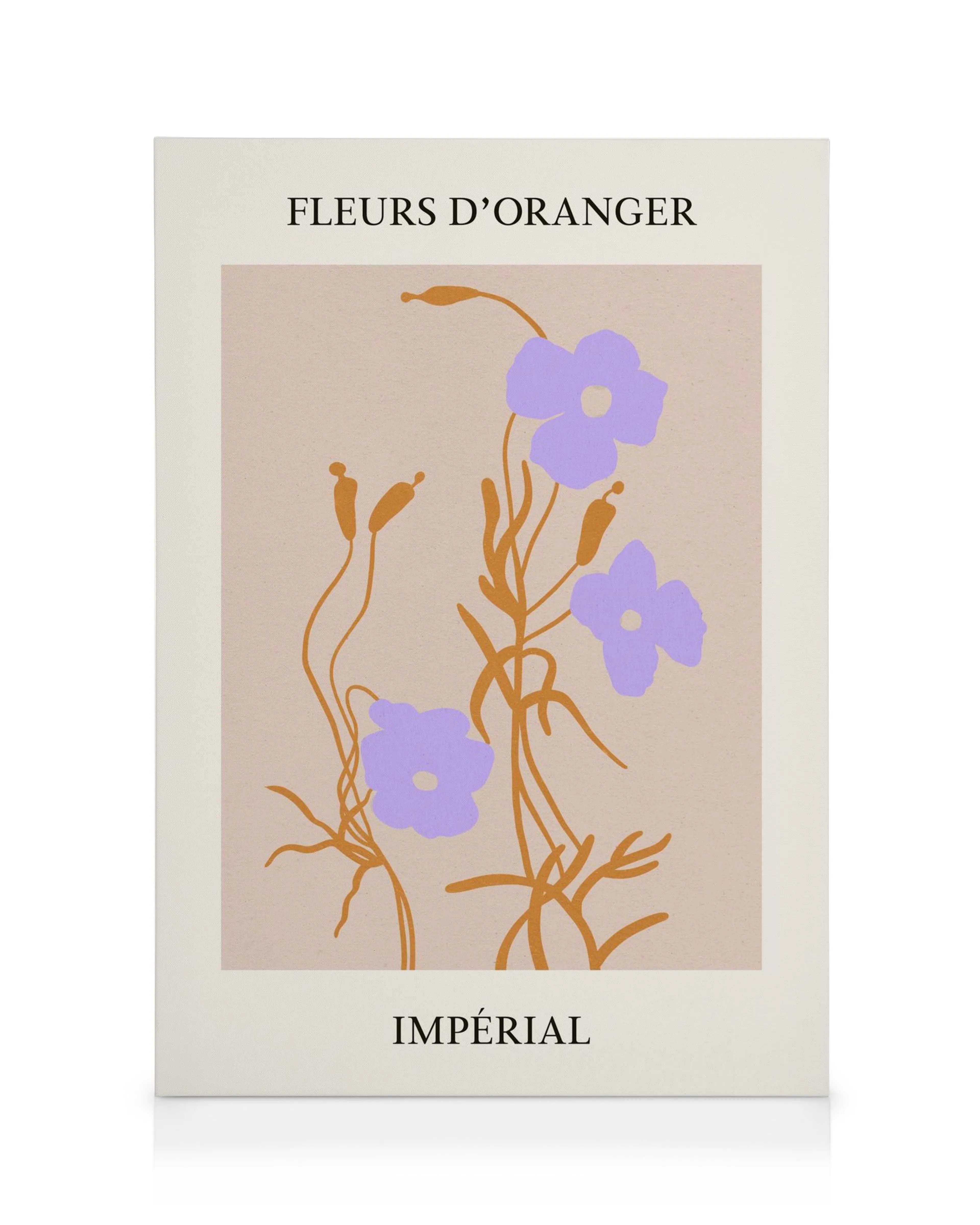 Fleurs No1 canvas print, a contemporary floral art piece with purple flowers and brown stems on a beige background.
