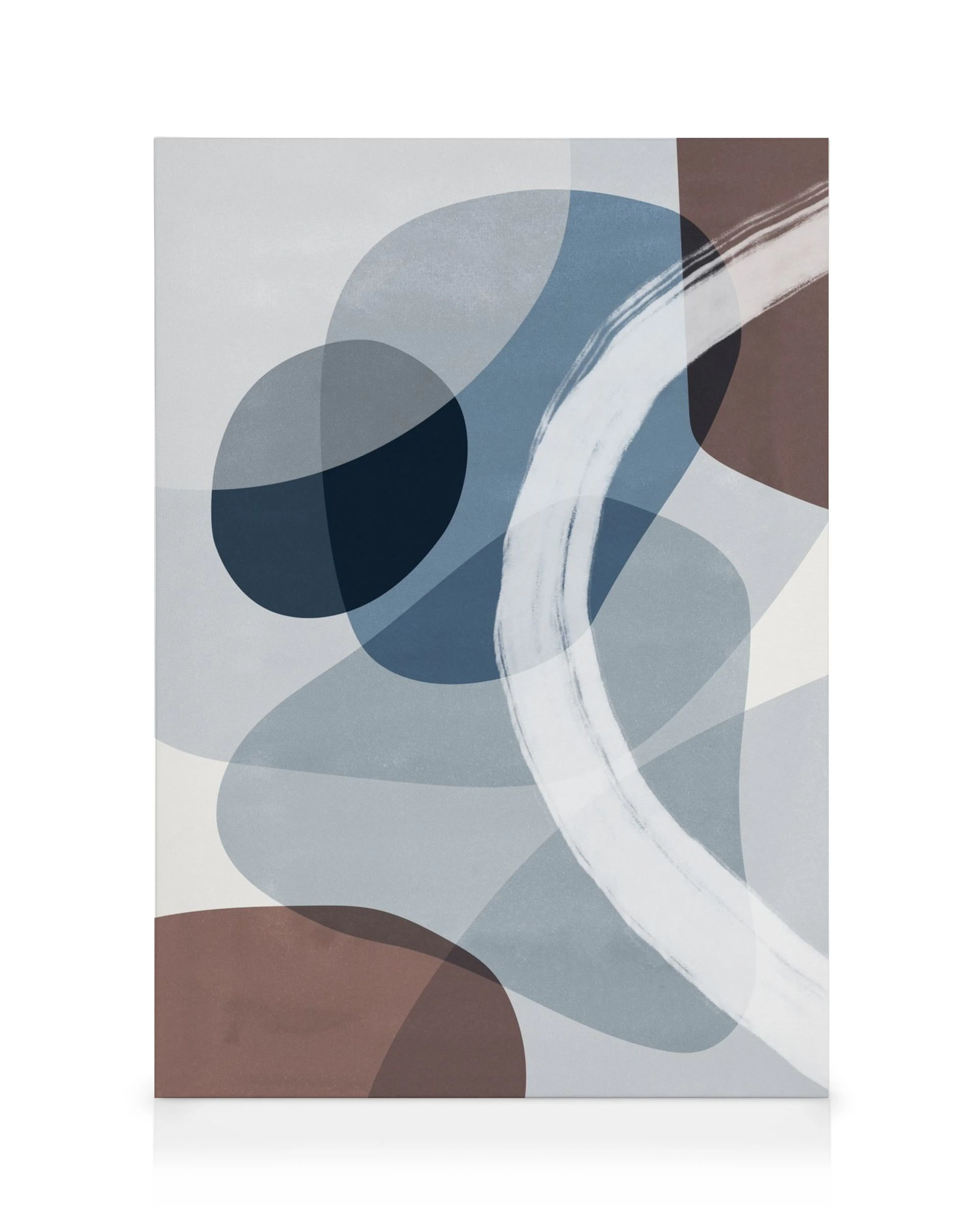 Tela abstrata com formas sobrepostas em azul, castanho, cinza e preto, com linhas curvas brancas.
