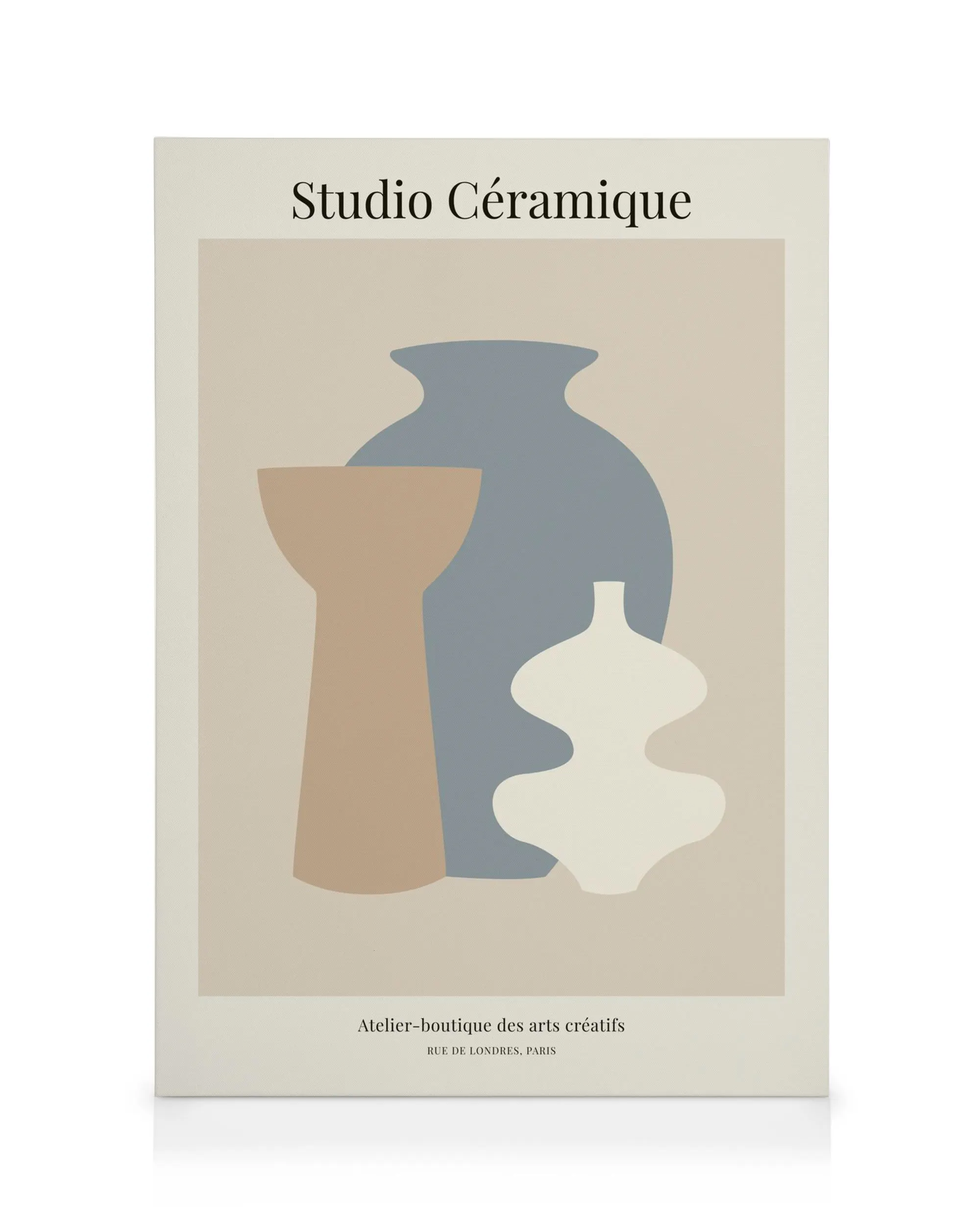 Canvas print with abstract tan, blue, and grey vases on a beige background with Studio Ceramique text.