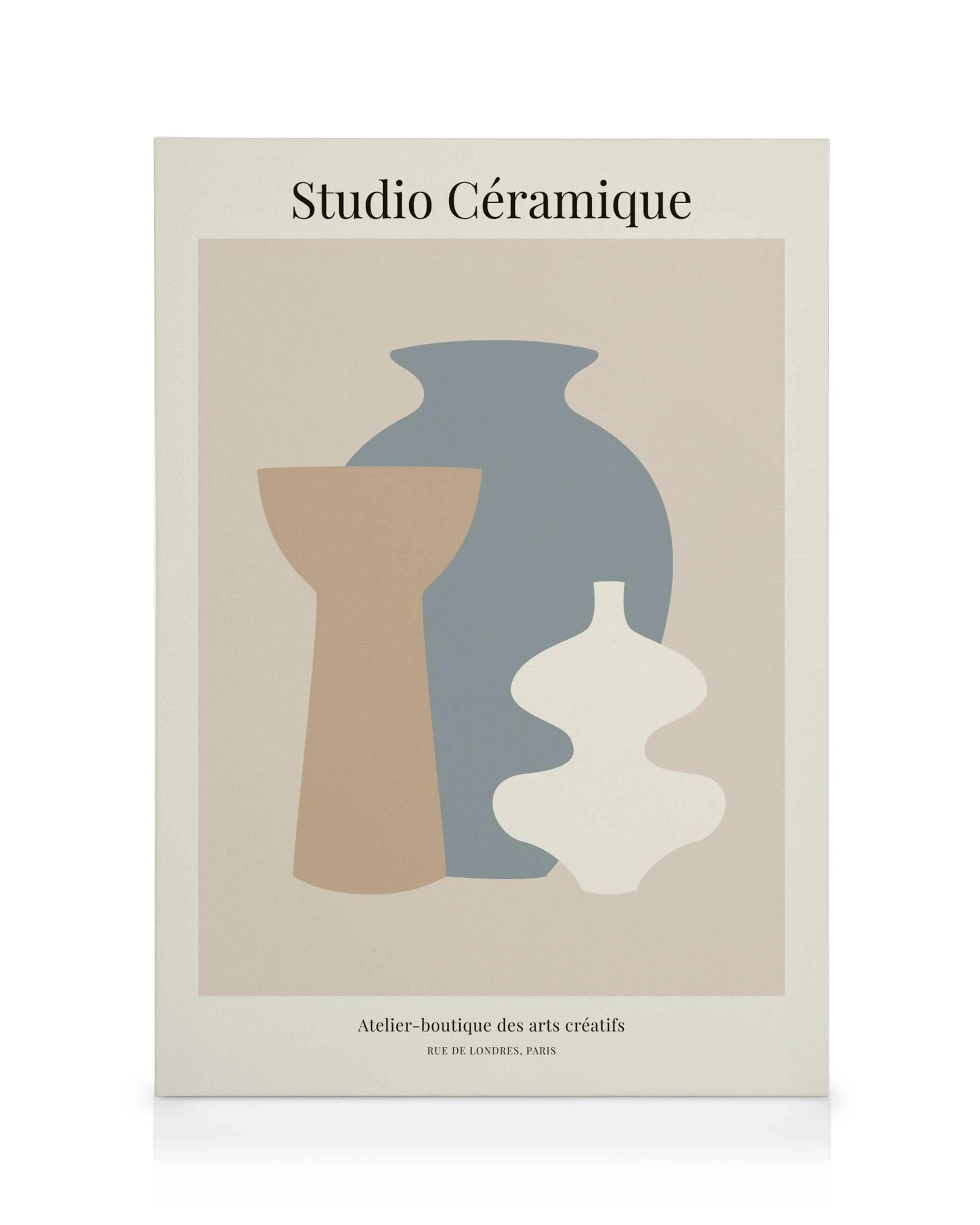 Canvas print with abstract tan, blue, and grey vases on a beige background with Studio Ceramique text.