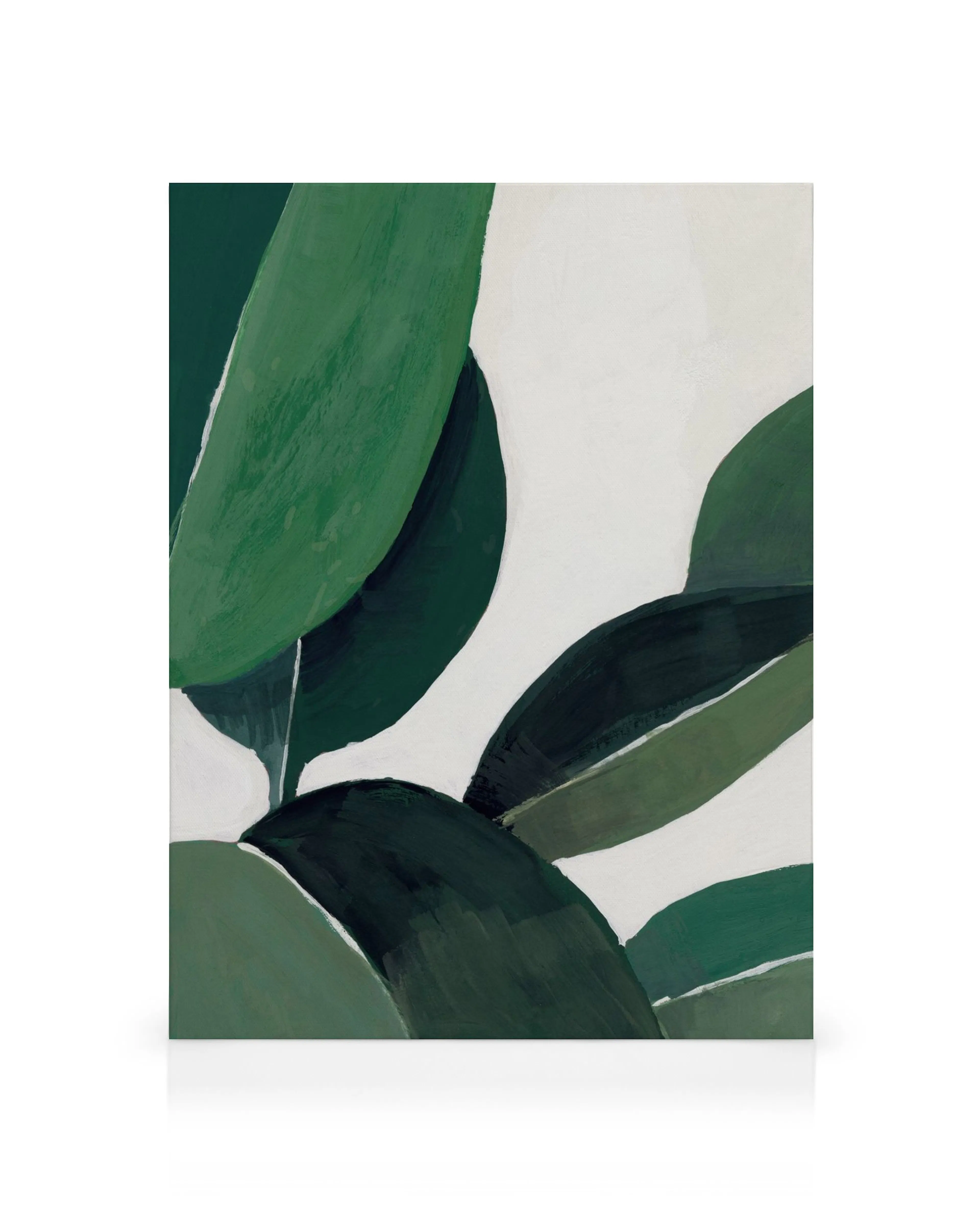 Toile gouache abstraite avec formes de feuilles organiques vertes et coups de pinceau foncés et clairs sur fond blanc