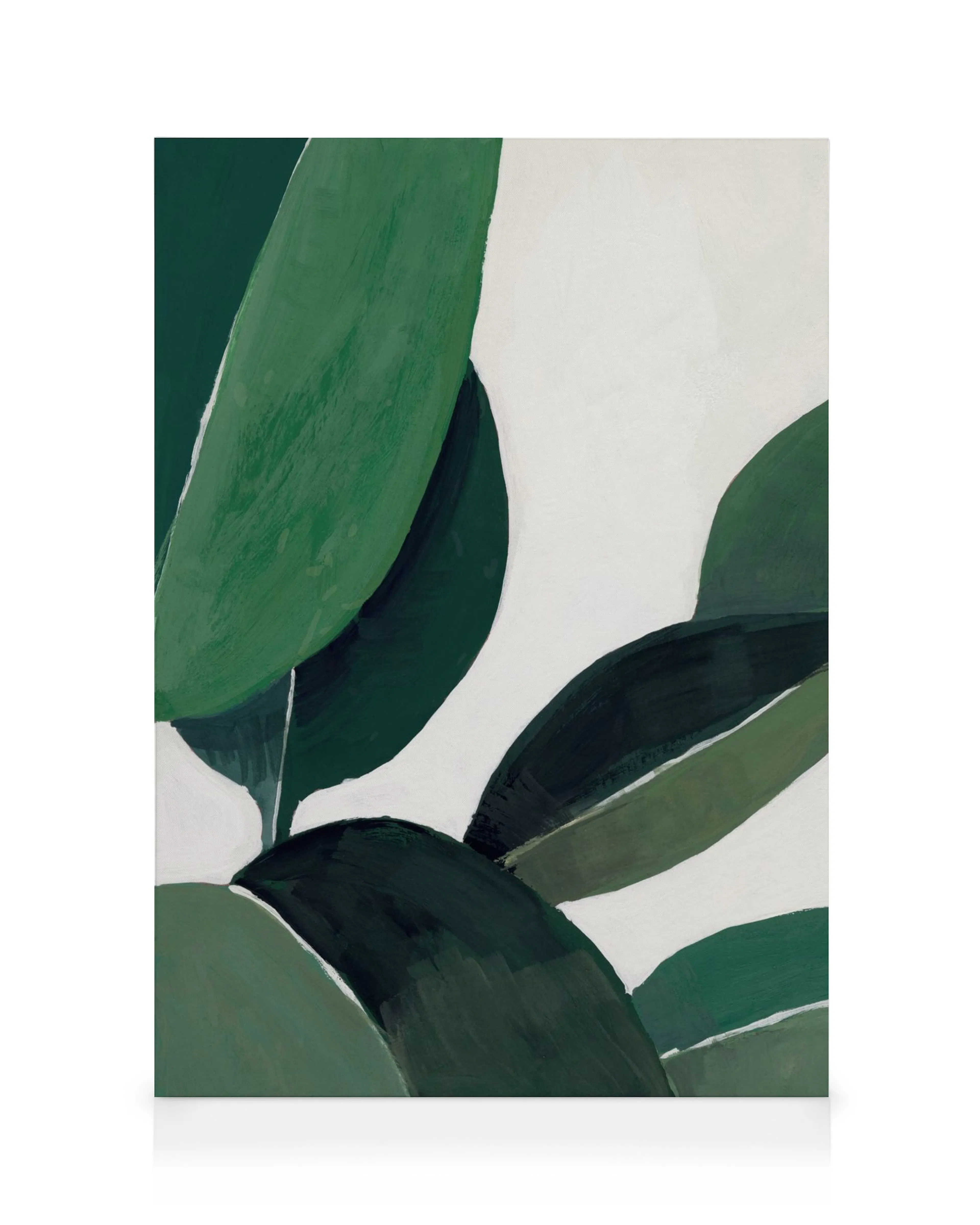 Lienzo abstracto con formas orgánicas de hojas verdes superpuestas sobre un fondo blanco.
