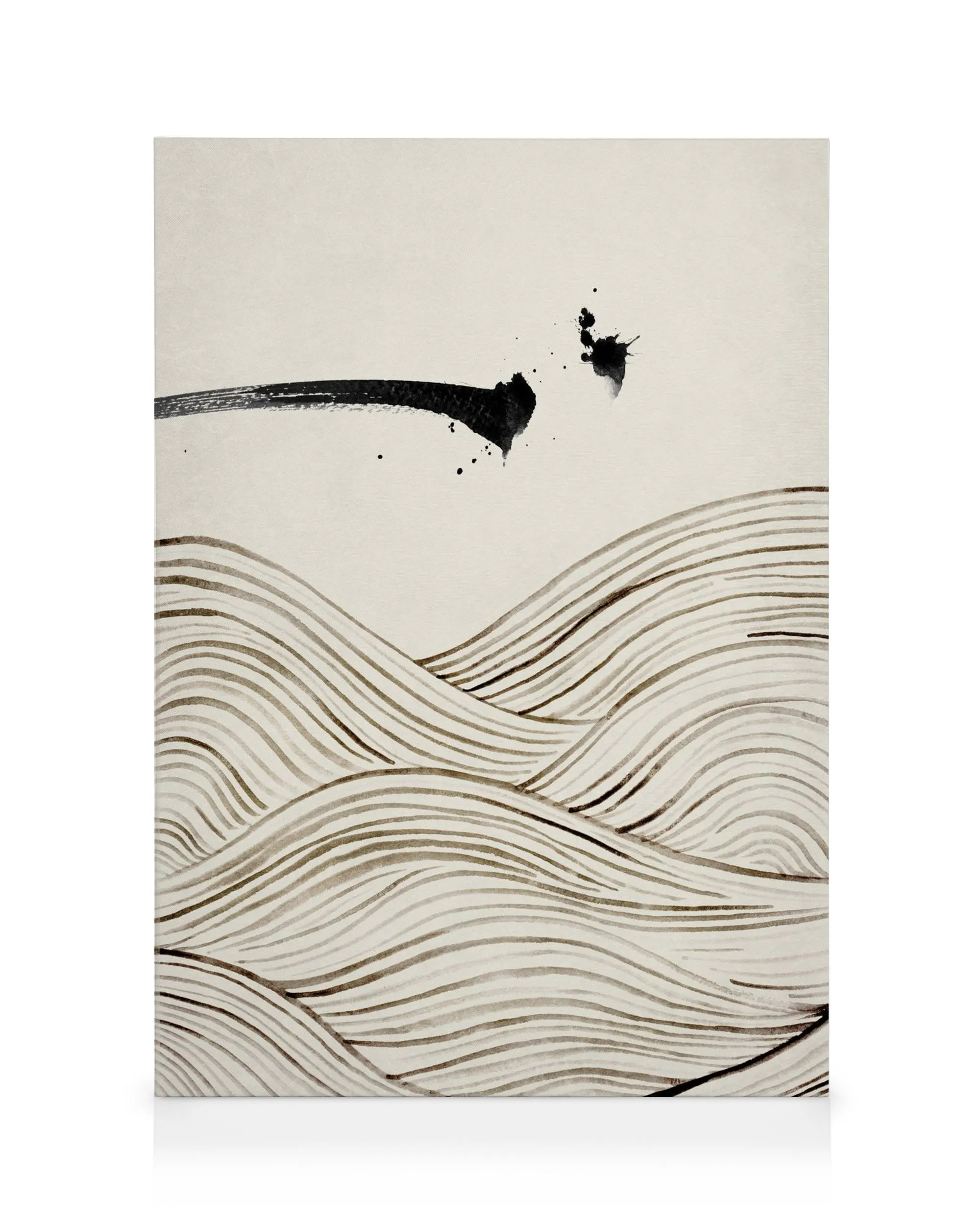 Abstract canvas print with a black brush stroke and splatter above wavy brown lines on a beige background.