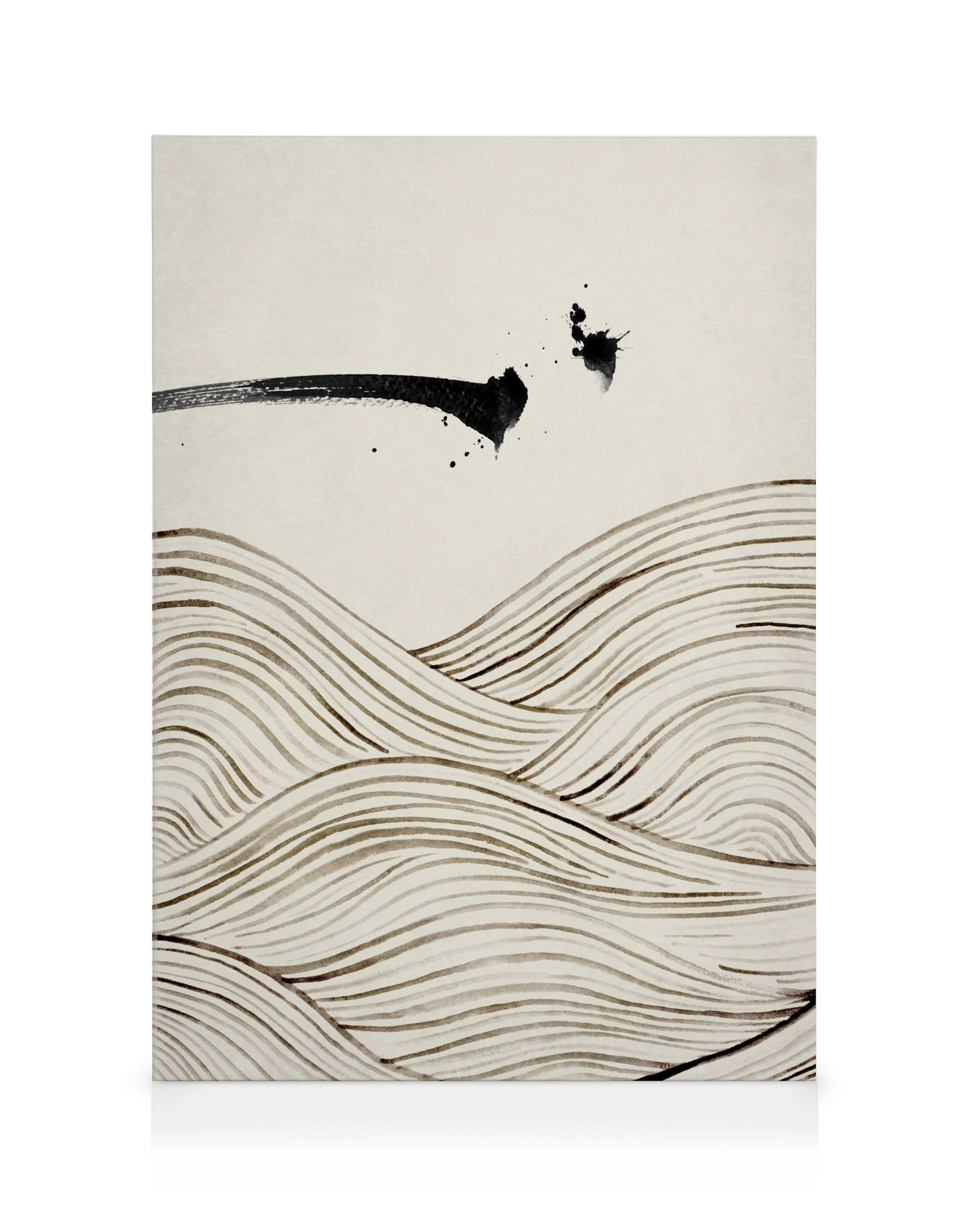 Abstract canvas print with a black brush stroke and splatter above wavy brown lines on a beige background.