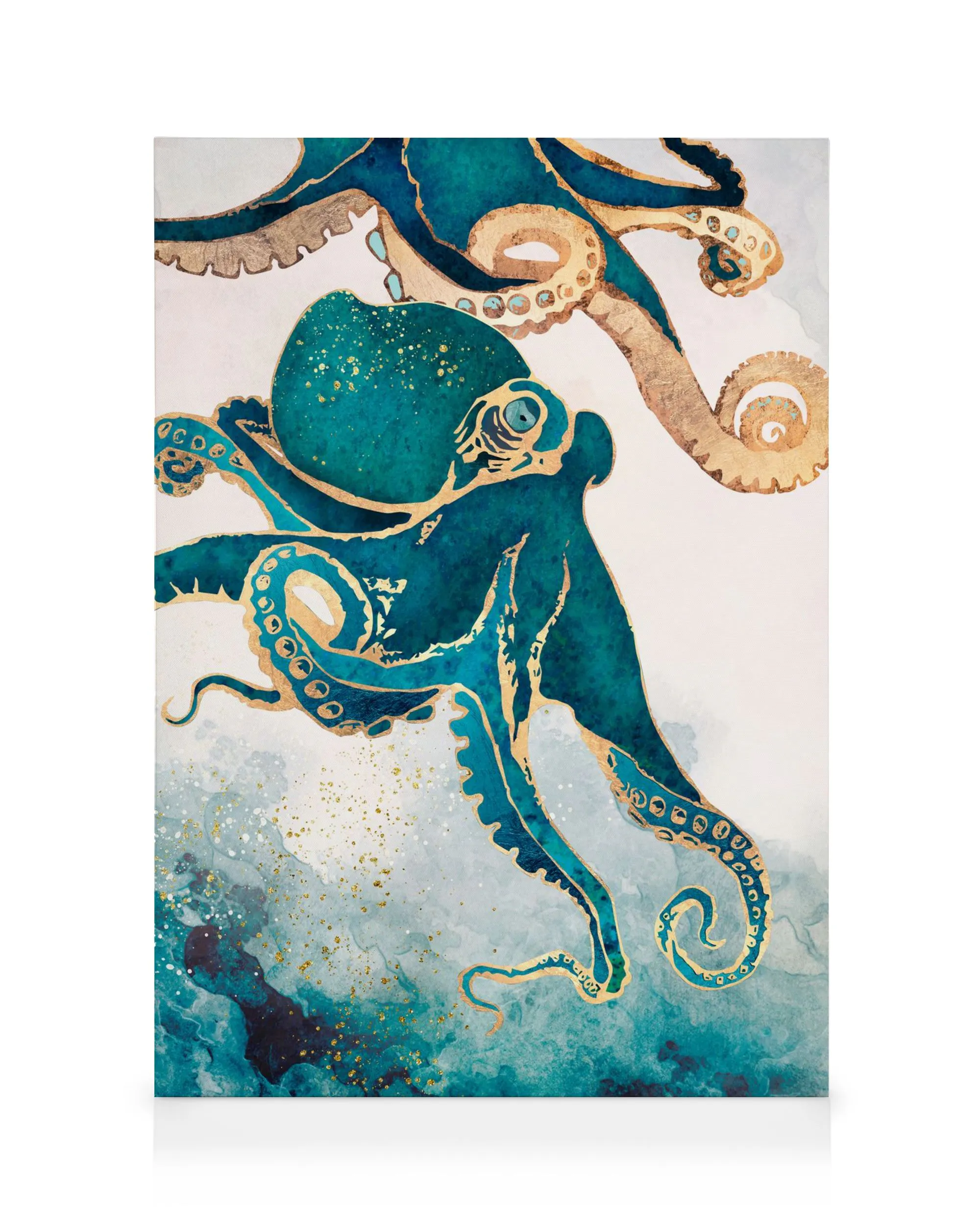 Blue and gold octopus canvas print on white background, featuring intricate circular patterns on tentacles. Modern ocean wall ar