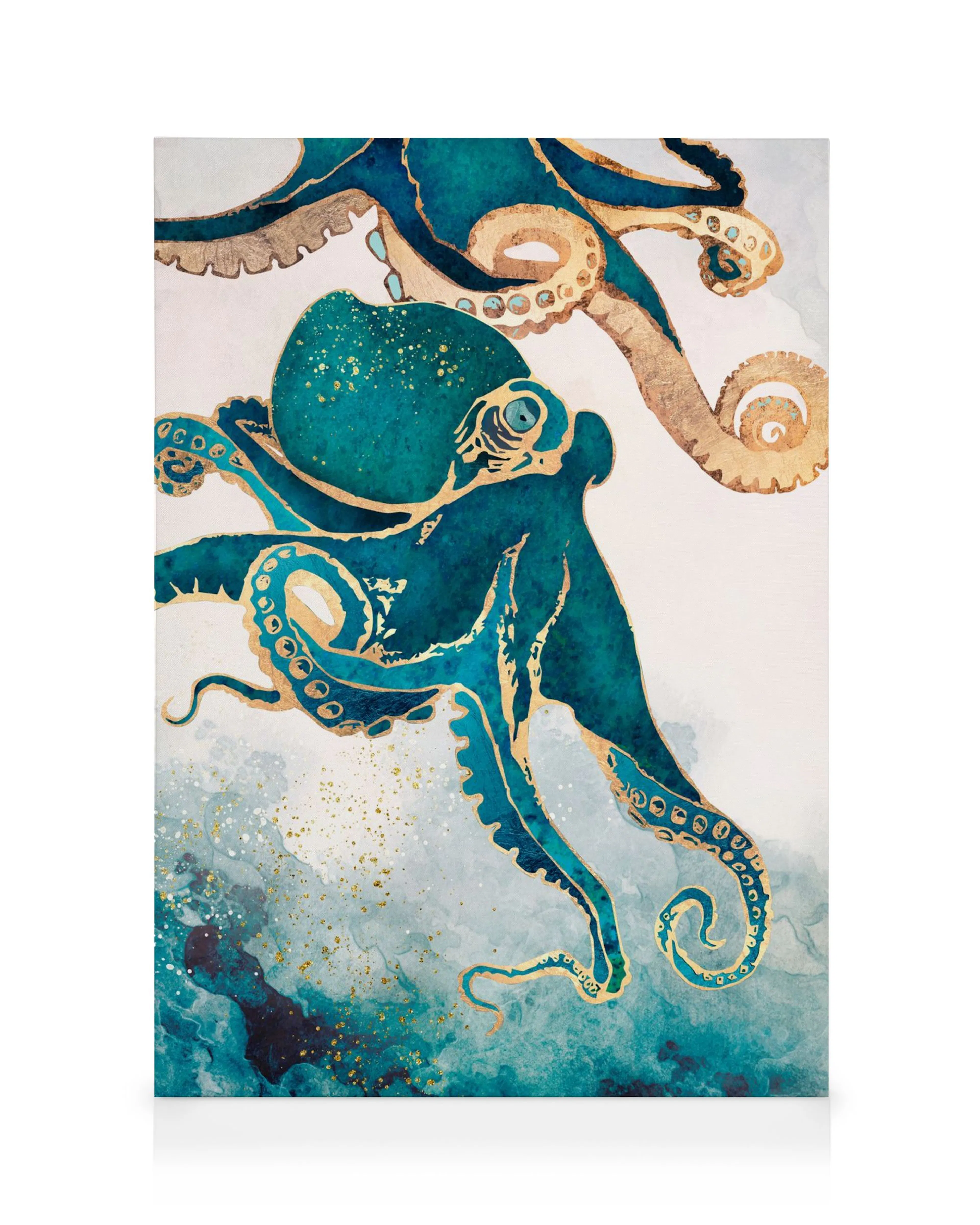 Blue and gold octopus canvas print on white background, featuring intricate circular patterns on tentacles. Modern ocean wall ar