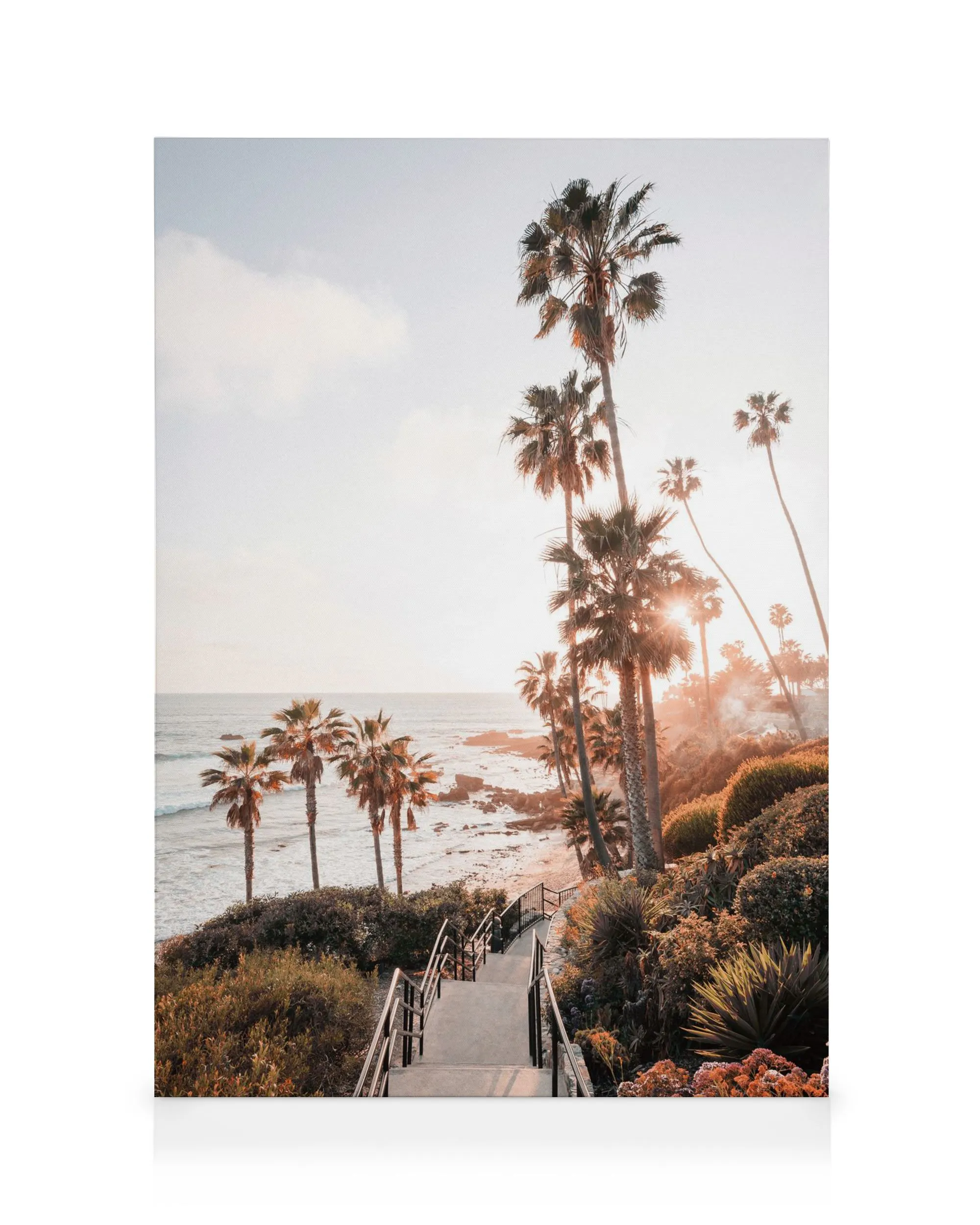 California Laguna Beach lærred med palmer og trapper ned til stranden ved solnedgang.