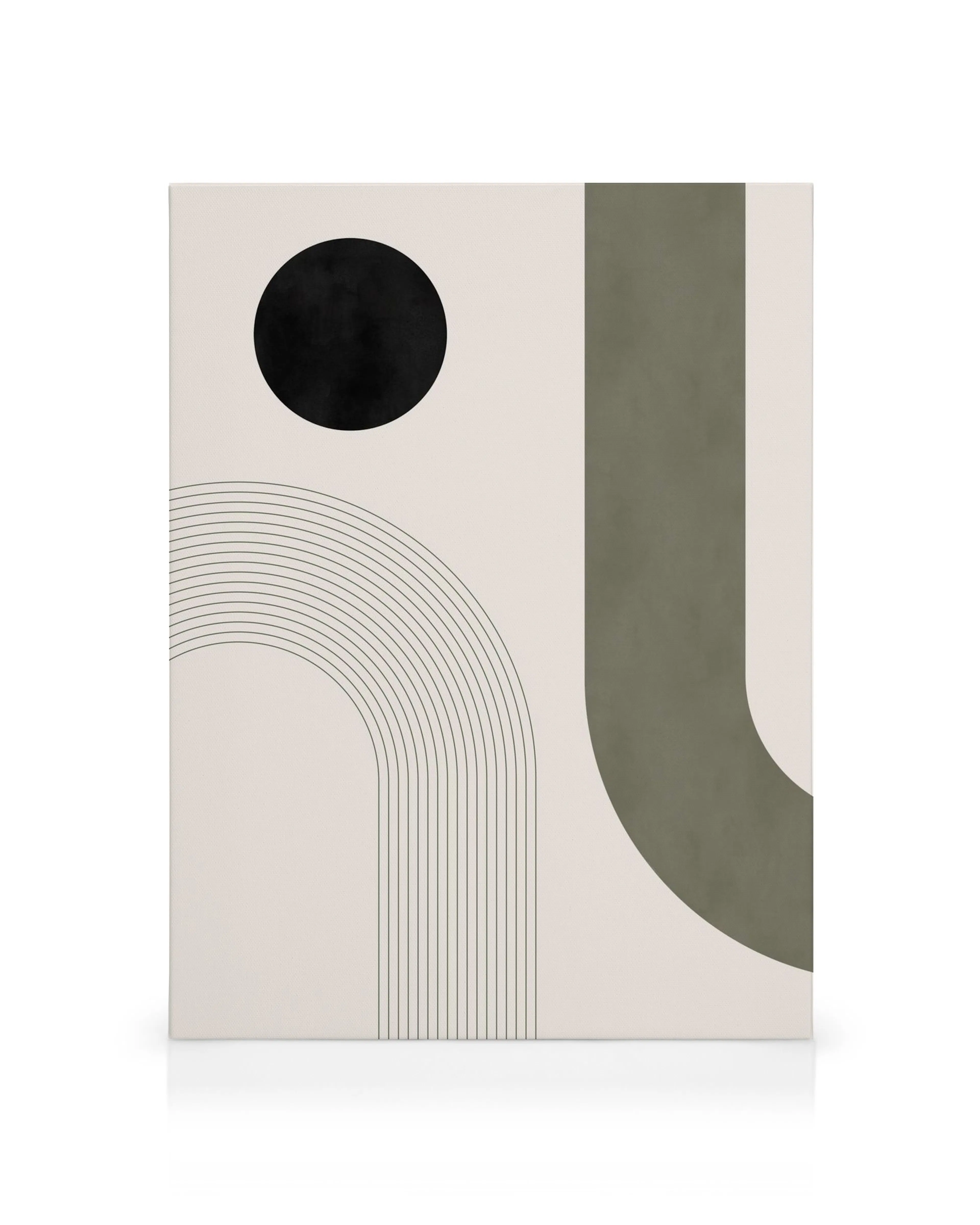 Abstract canvas met zwarte cirkel, olijfgroene gebogen vorm en fijne lijnen op lichtbeige achtergrond.