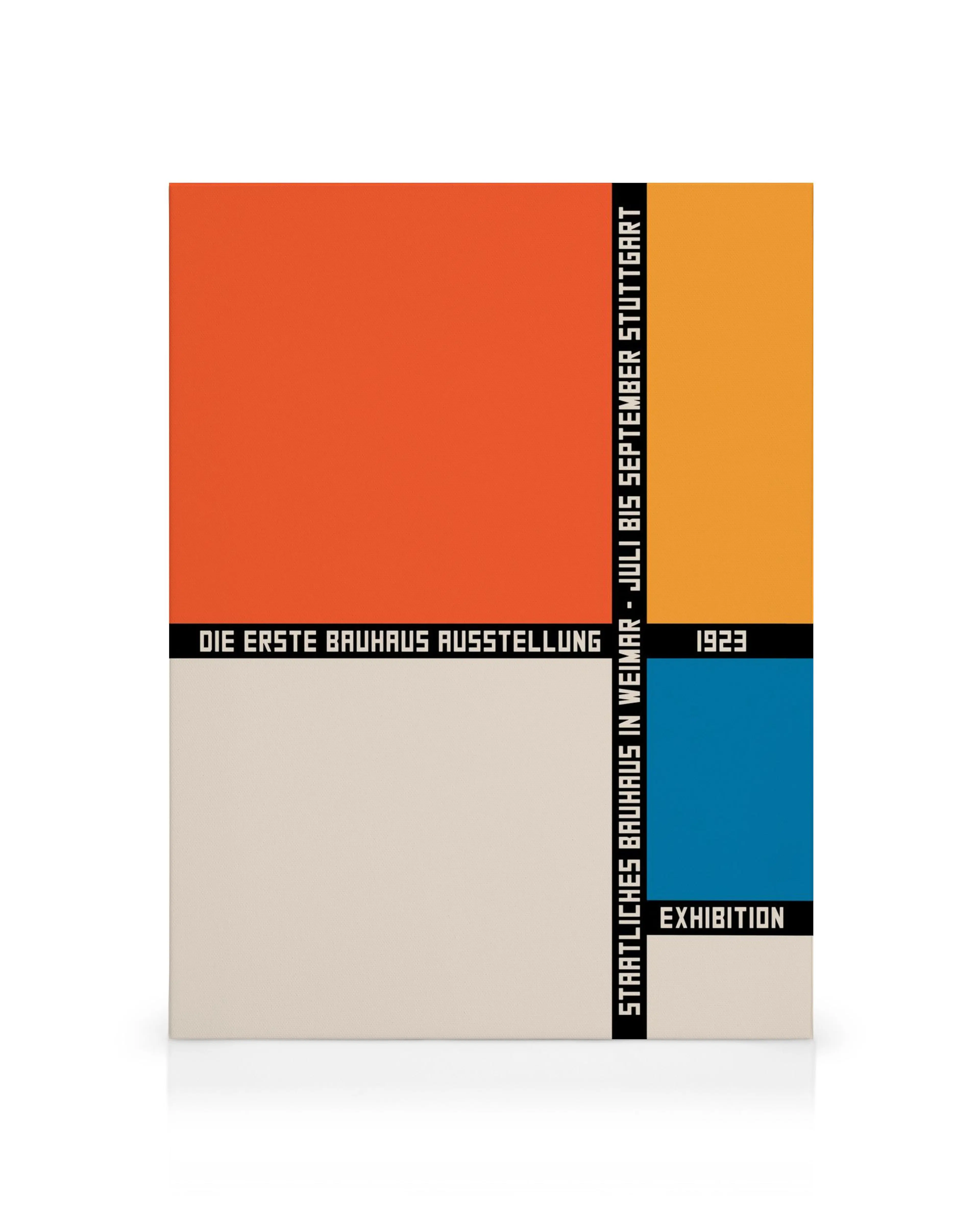 Bauhaus geometric color blocks canvas print with orange, yellow, white, and blue, featuring exhibition text.
