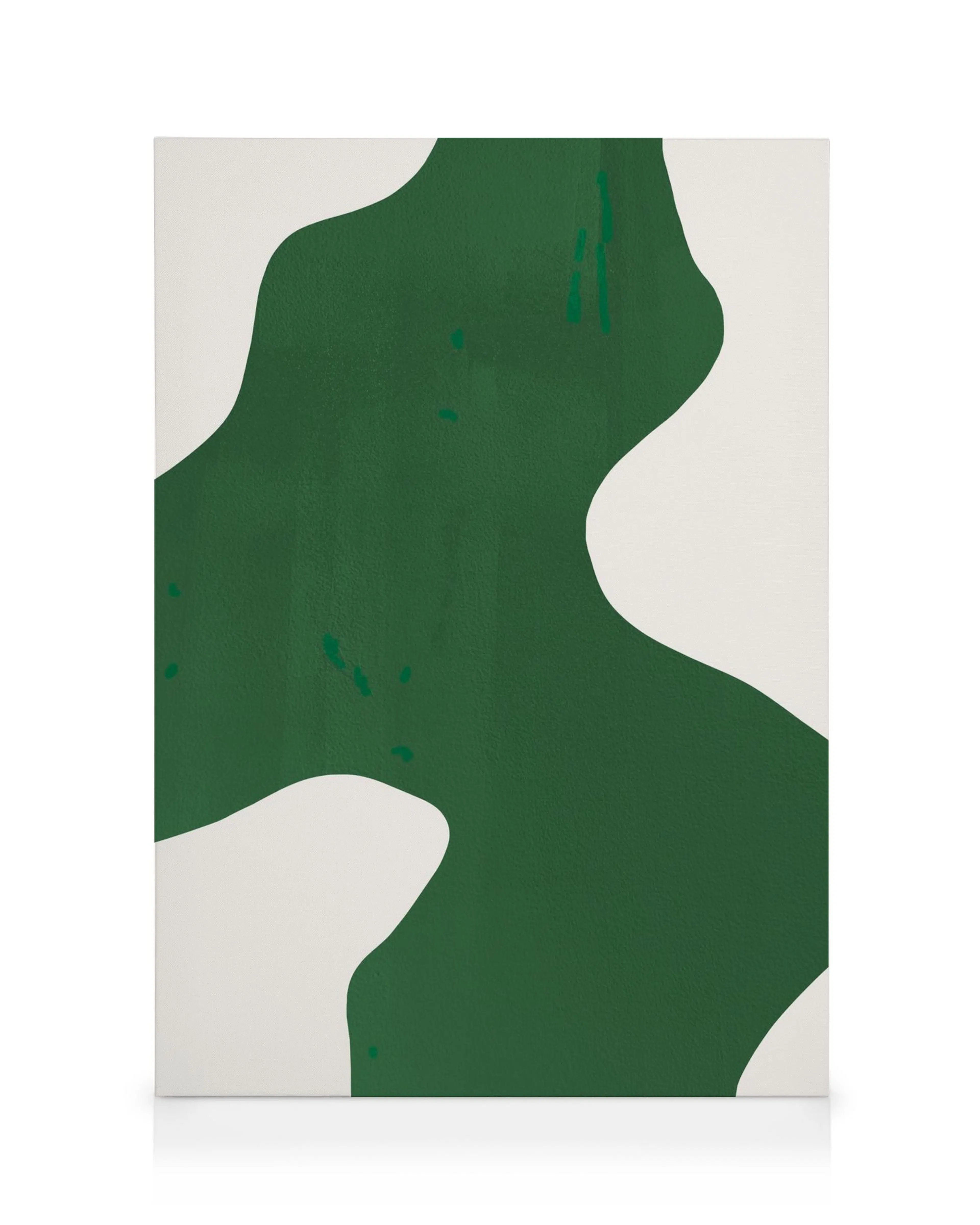 Lienzo abstracto con forma curva verde, pequeñas marcas verdes, y fondo blanco. Arte moderno, diseño de estudio.