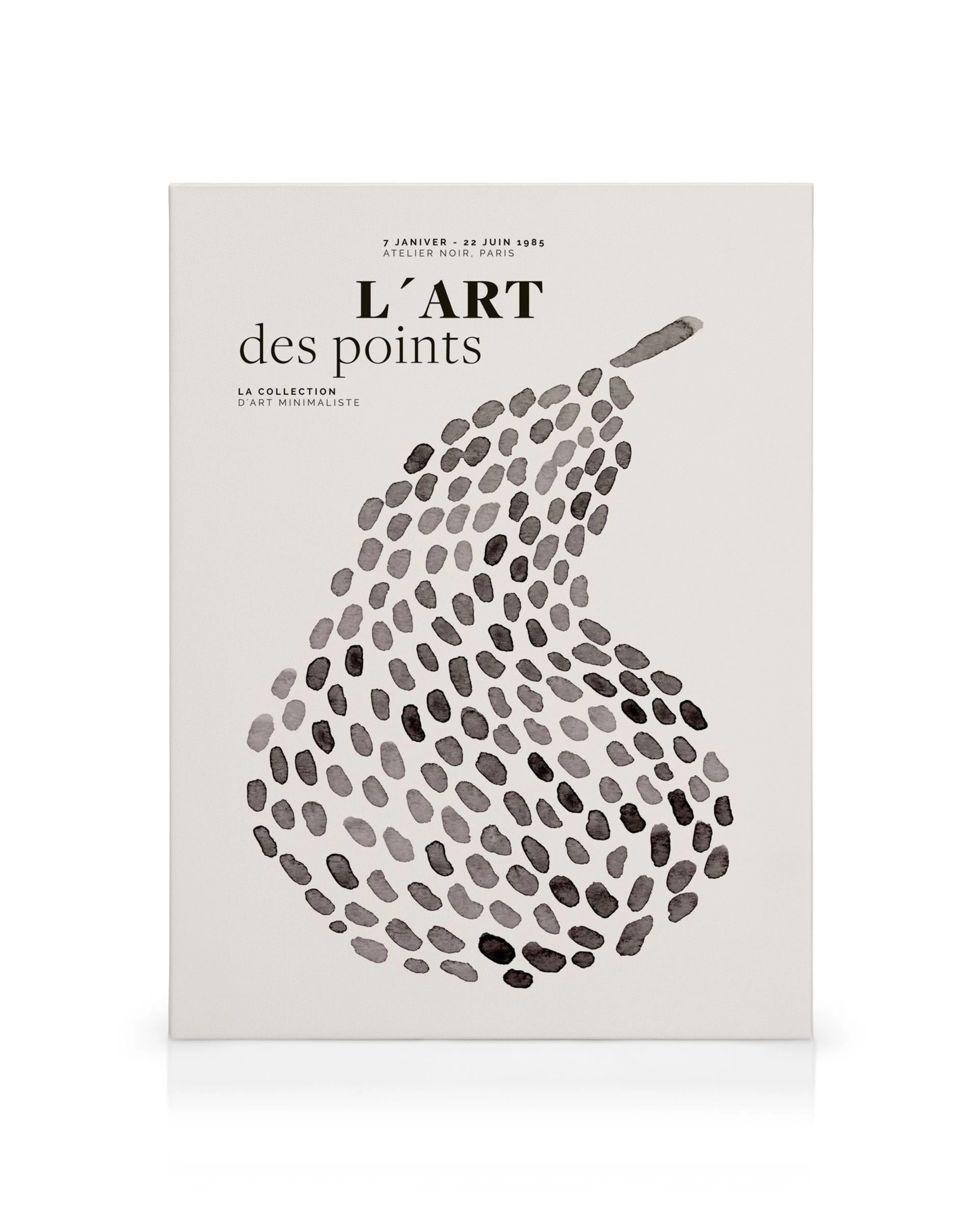 Pæreformet design i sorte og grå nuancer, dannet af organiske pletter, på lys baggrund. Minimalistisk punktdesign.
