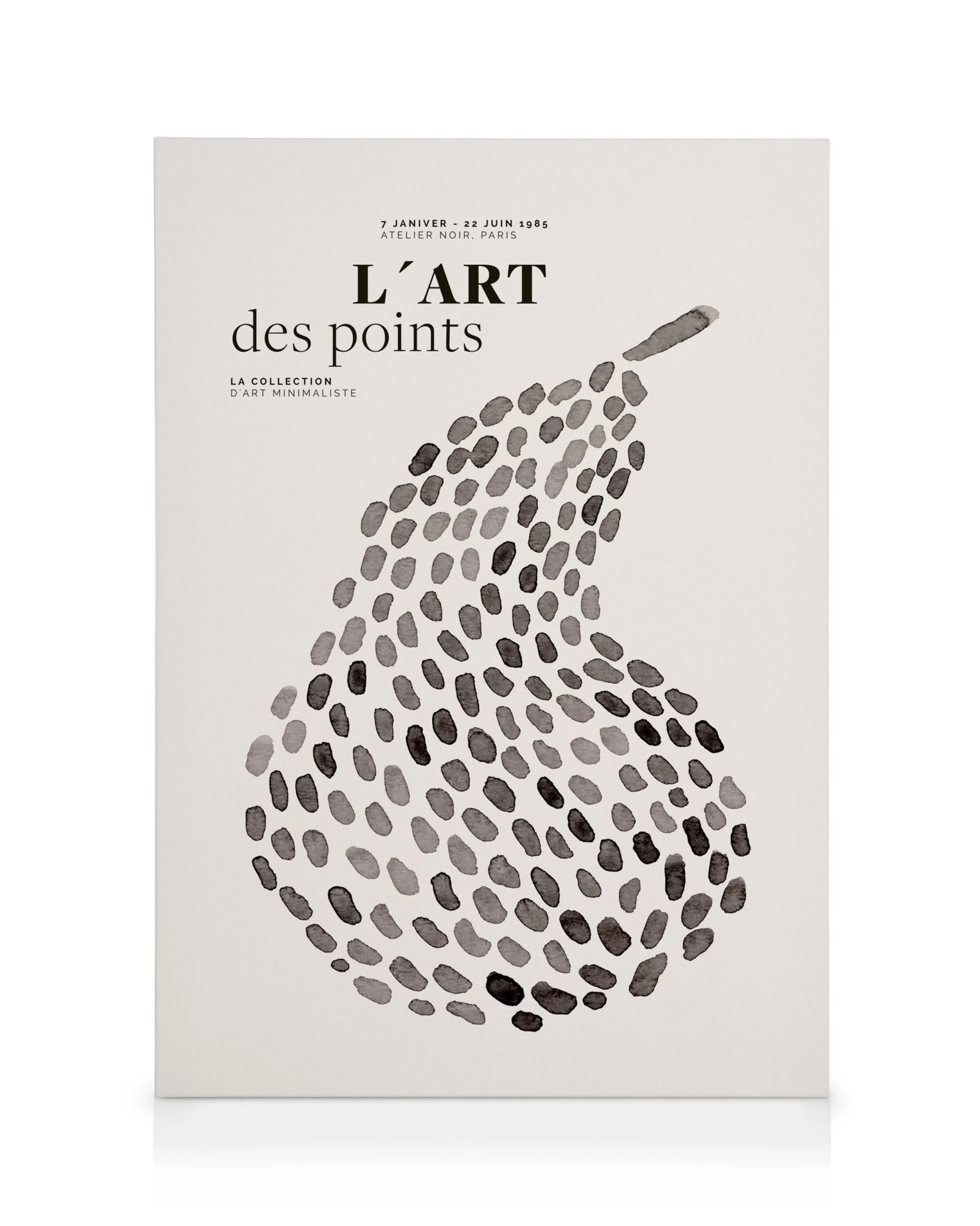 Toile LArt des Points No2: tableau décoratif noir et beige avec une forme de poire composée de points noirs.