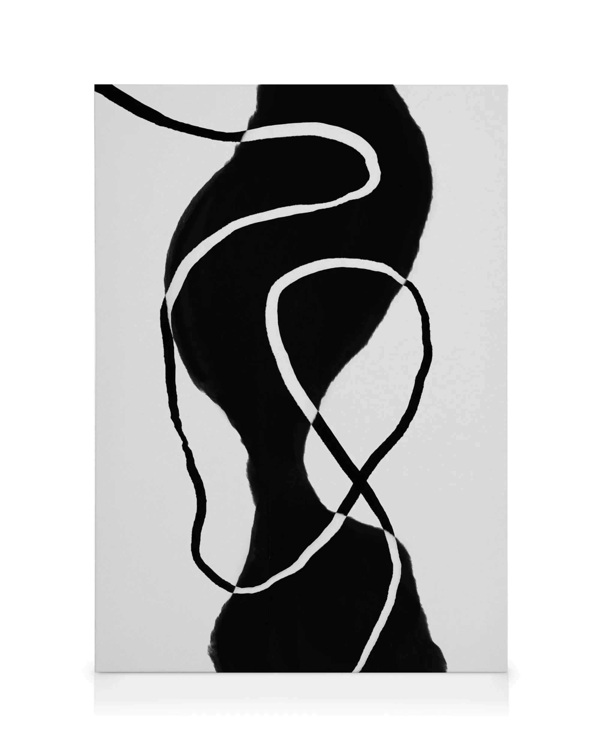 Black and white canvas print with a black abstract silhouette and white lines swirling around it.
