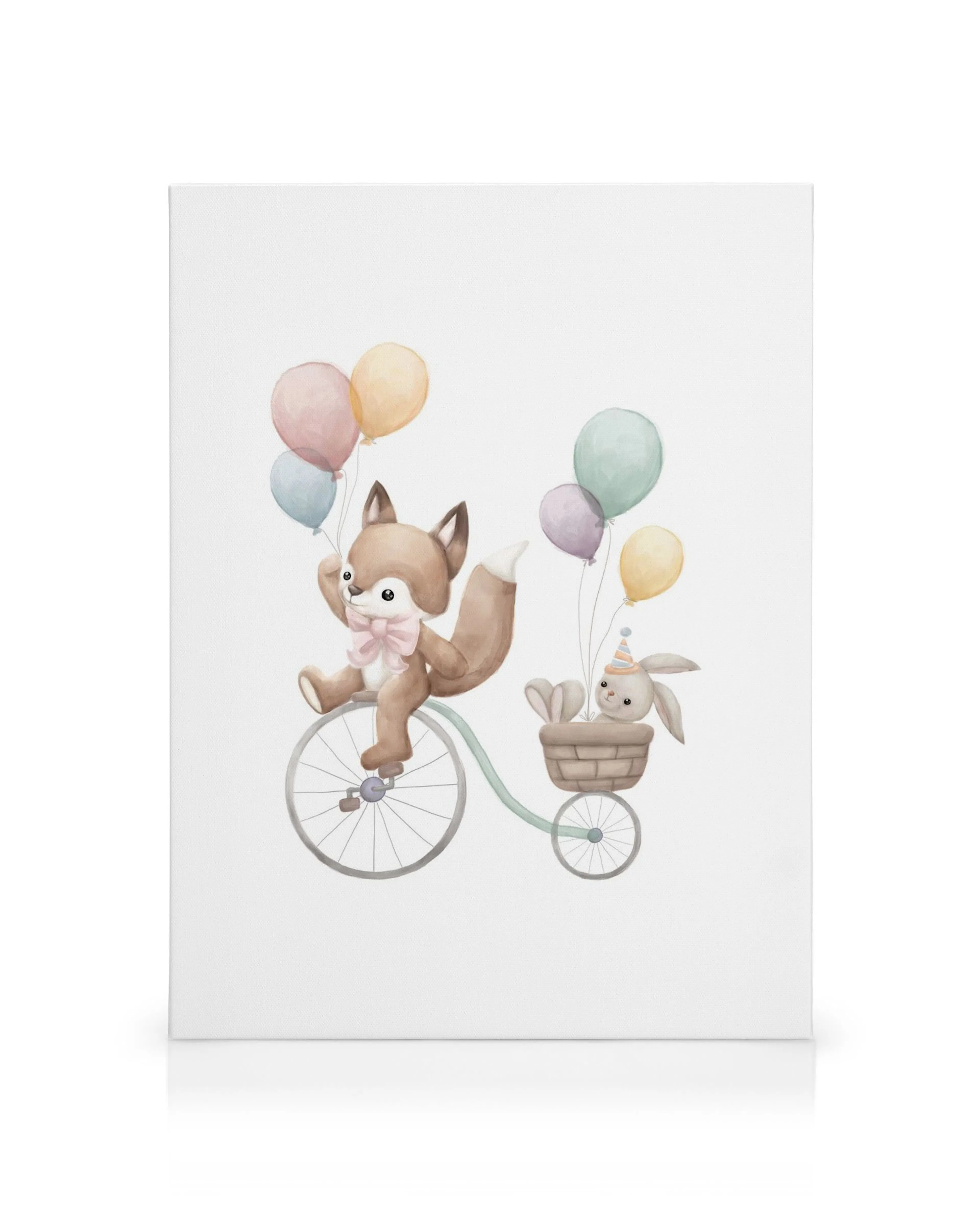 Obraz líšky na bicykli s balónmi a zajačikom v košíku, detský motív.