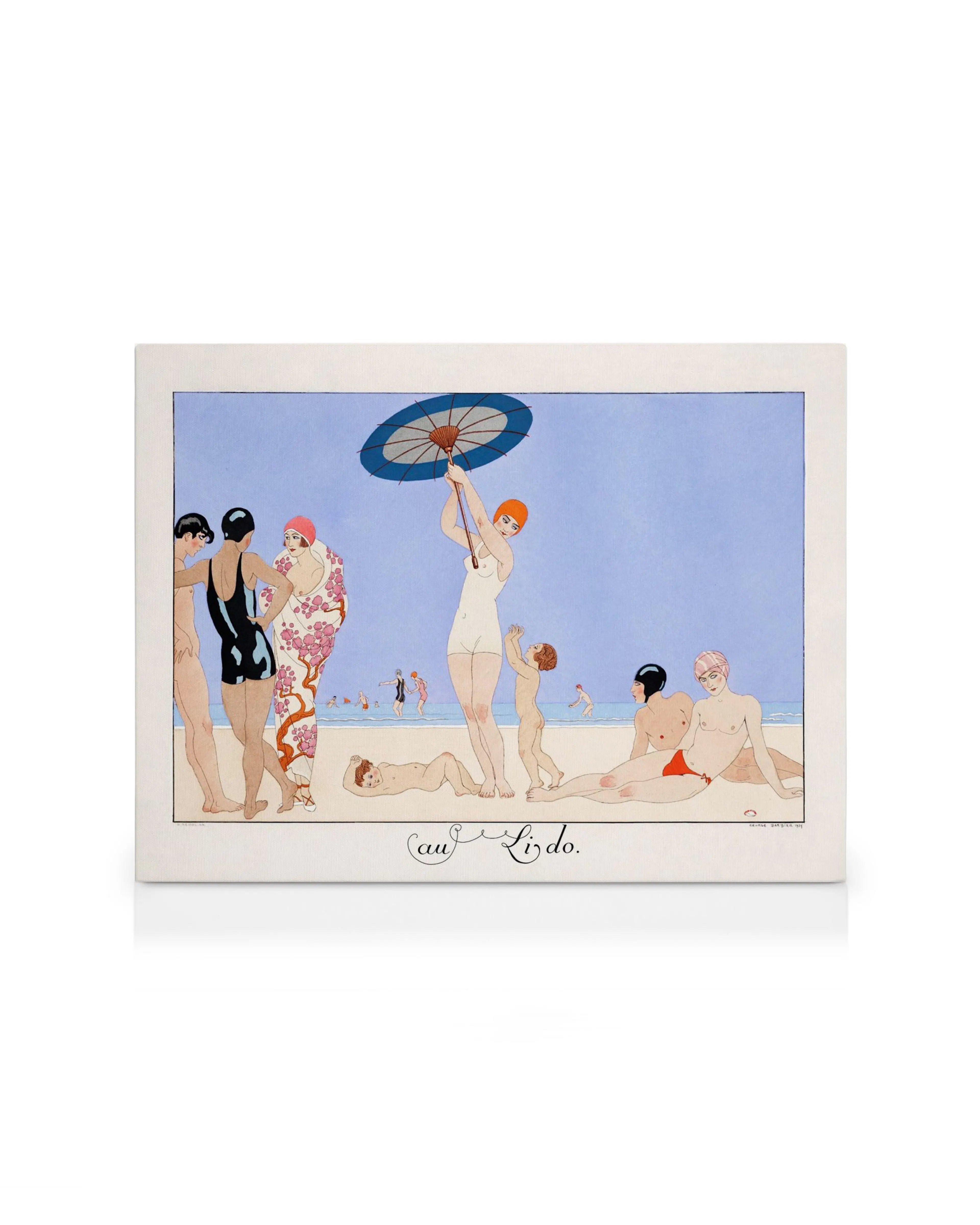 Art Deco beach scene by George Barbier, Au Lido, featuring elegantly dressed bathers in 1920s swimwear on a sunny beach.