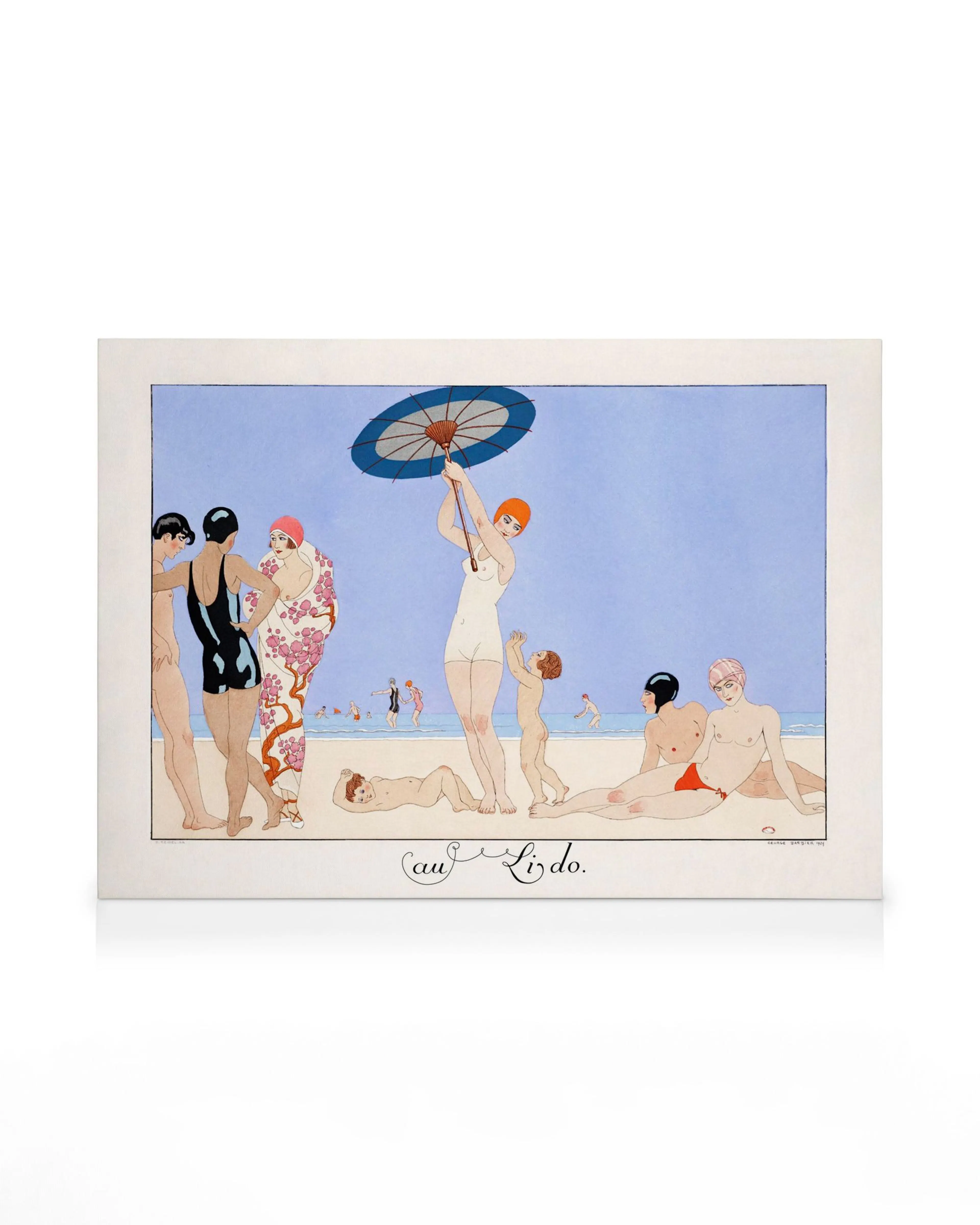 George Barbier Au Lido canvas print: people relaxing at the beach in soft blues, whites, and pastels.