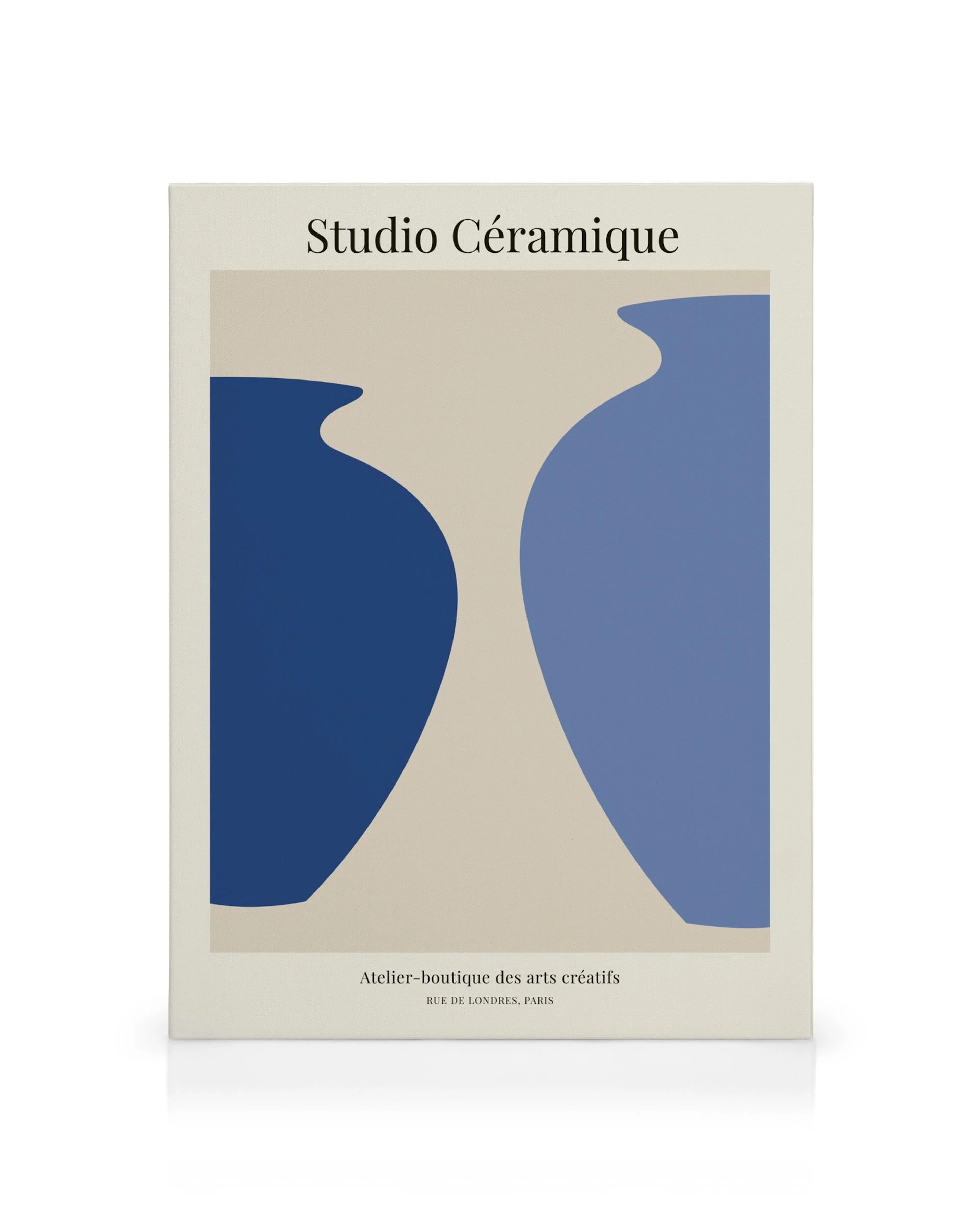 Studio Ceramique No1 Leinwandbild, abstraktes Design mit zwei blauen Keramikvasen auf beigem Hintergrund