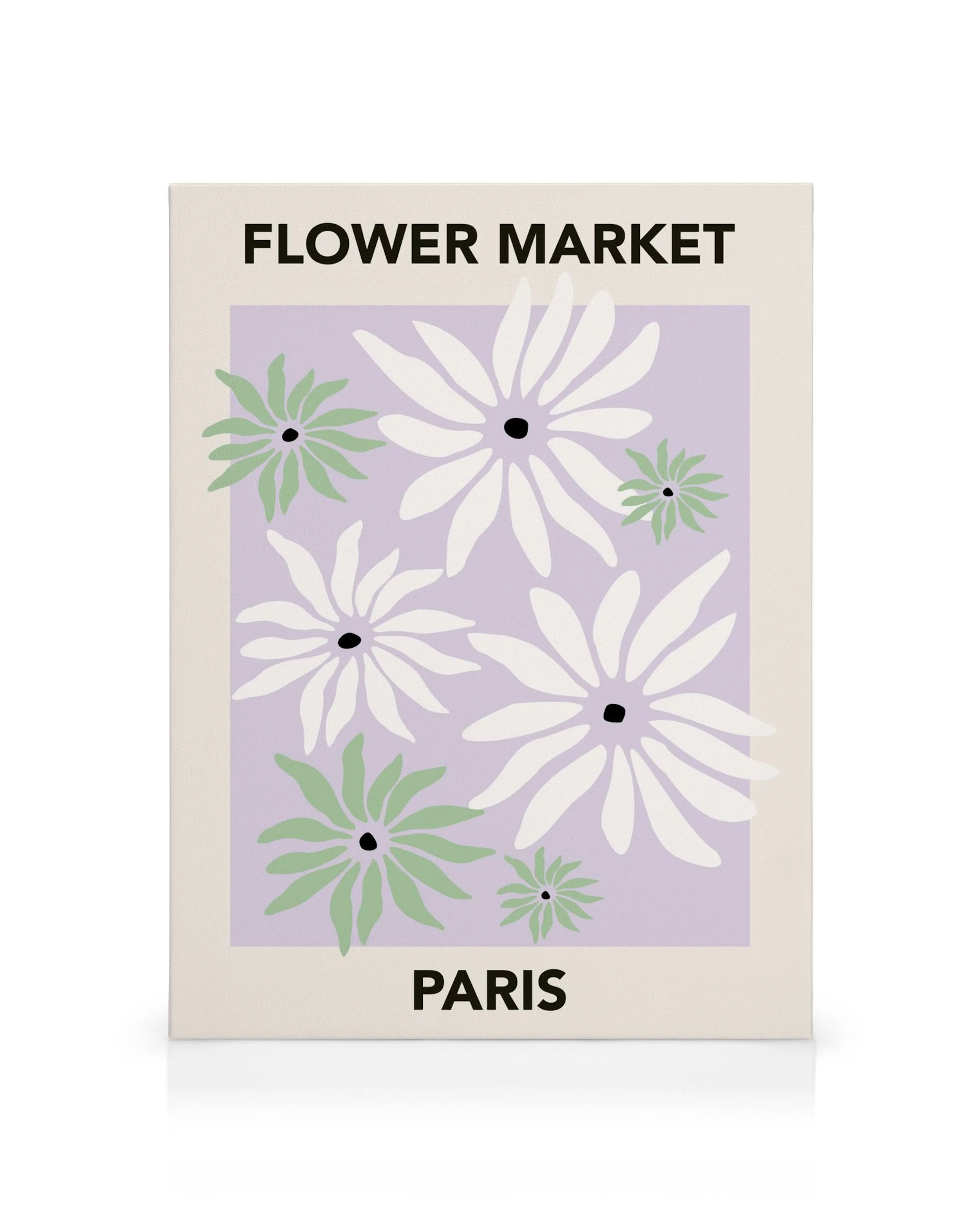 Canvastavla med retro Paris blomstertema. Vita och gröna blommor på lila bakgrund, text Flower Market Paris.