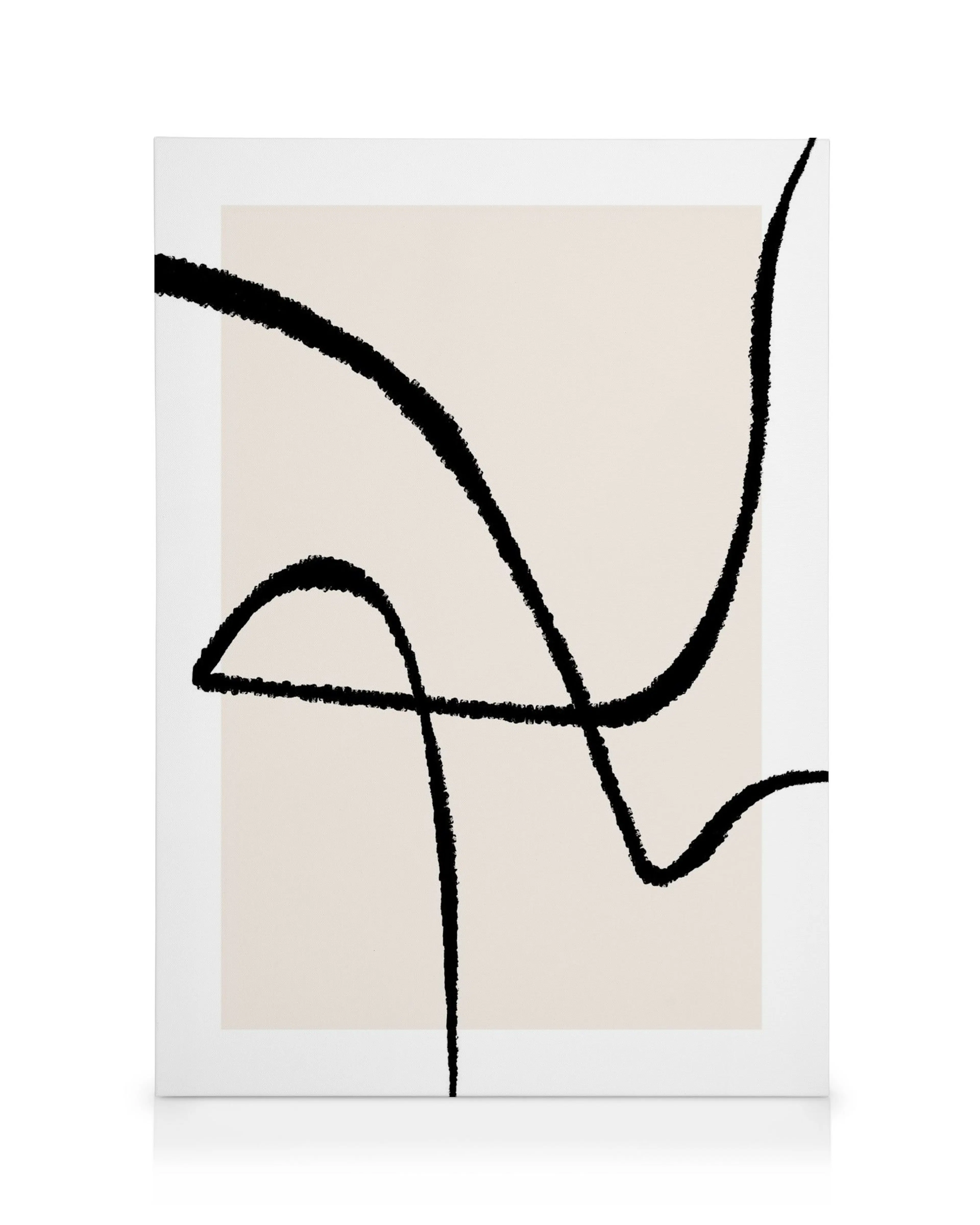 Abstrakt canvastavla med svarta korsande linjer på en beige bakgrund, minimalistisk design för modern inredning.