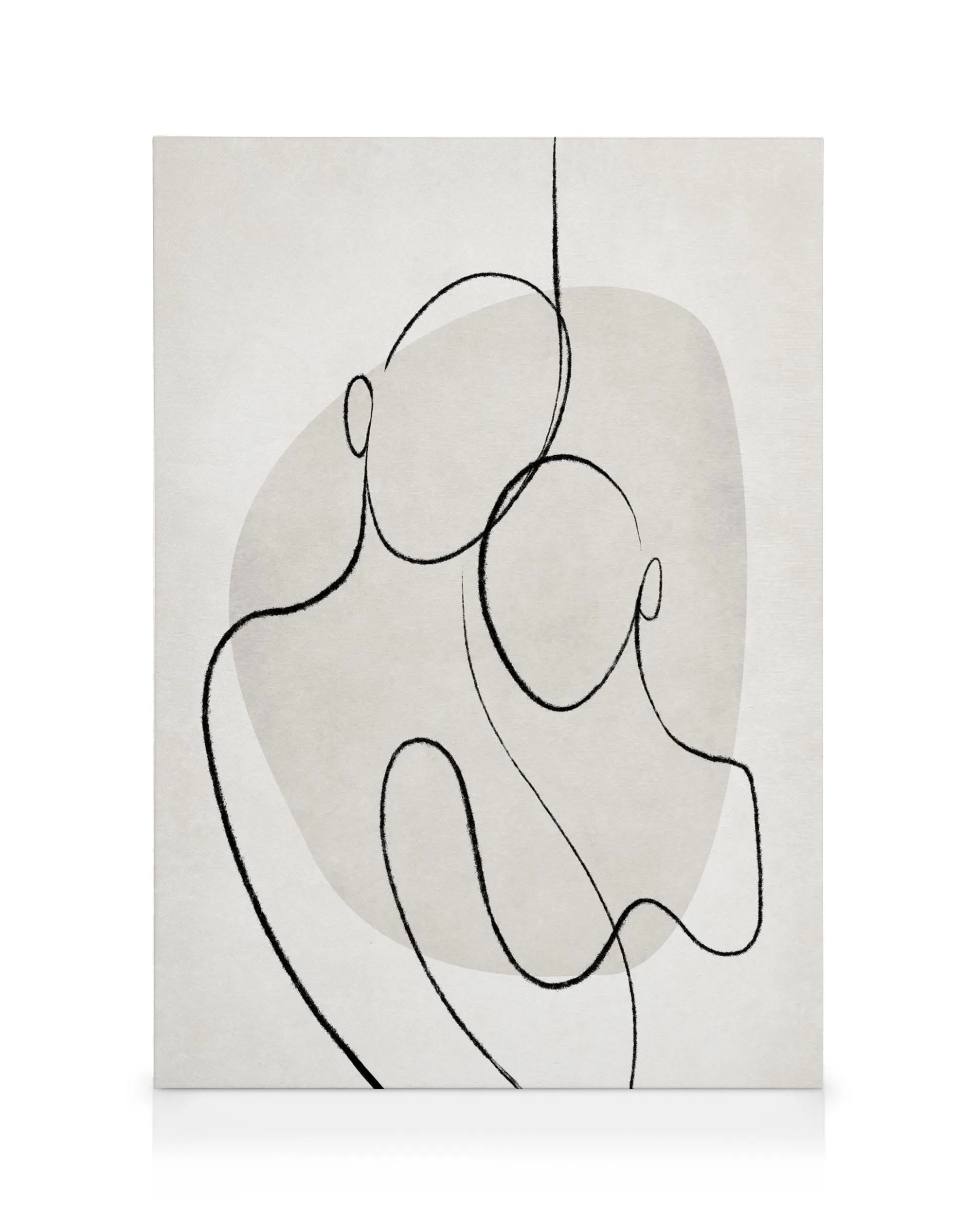 Leinwandbild mit schwarzer Linienkunst, die zwei Gesichter darstellt, auf hellgrauem Hintergrund. Minimalistisches Design.