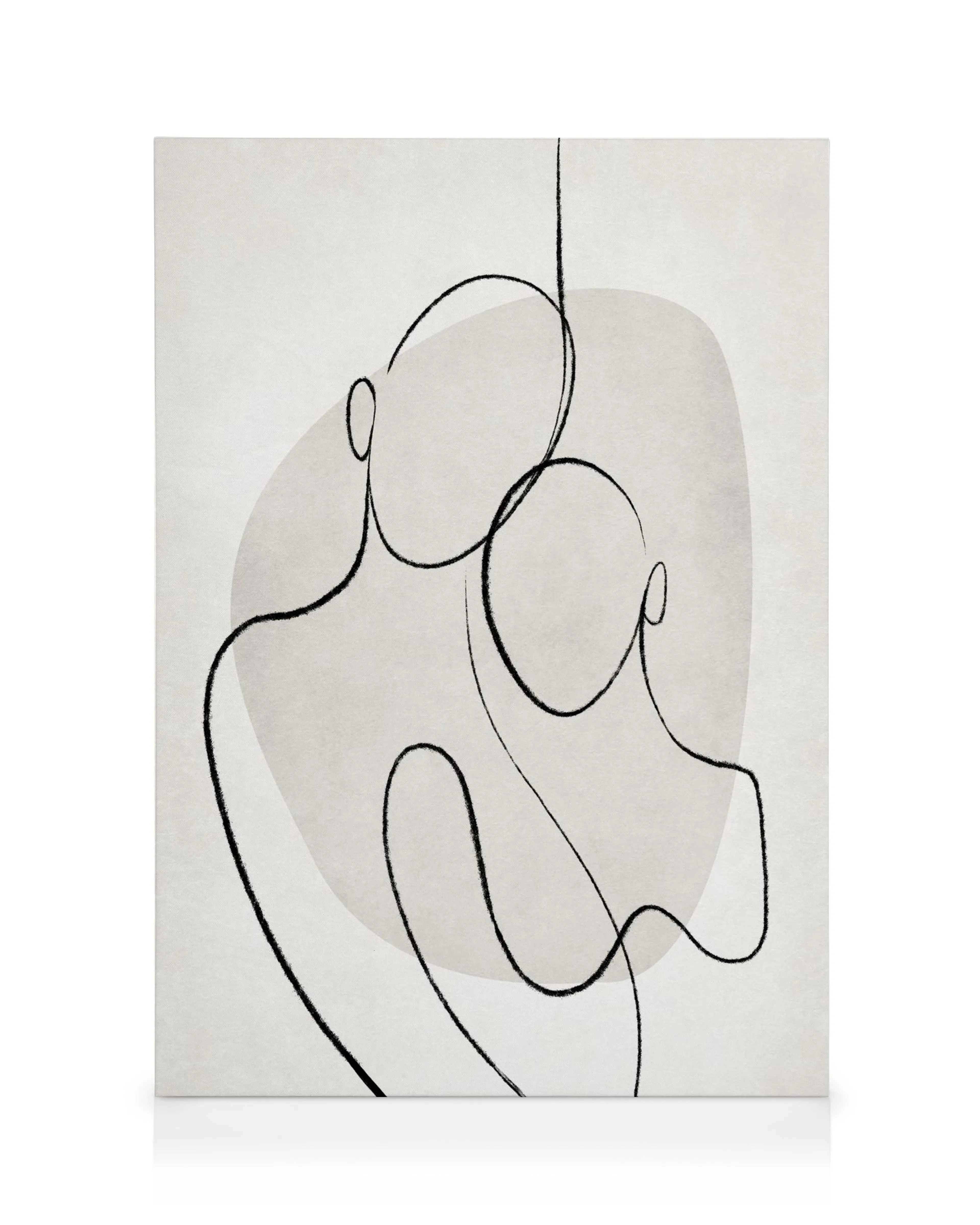 Leinwandbild mit schwarzer Linienkunst, die zwei Gesichter darstellt, auf hellgrauem Hintergrund. Minimalistisches Design.