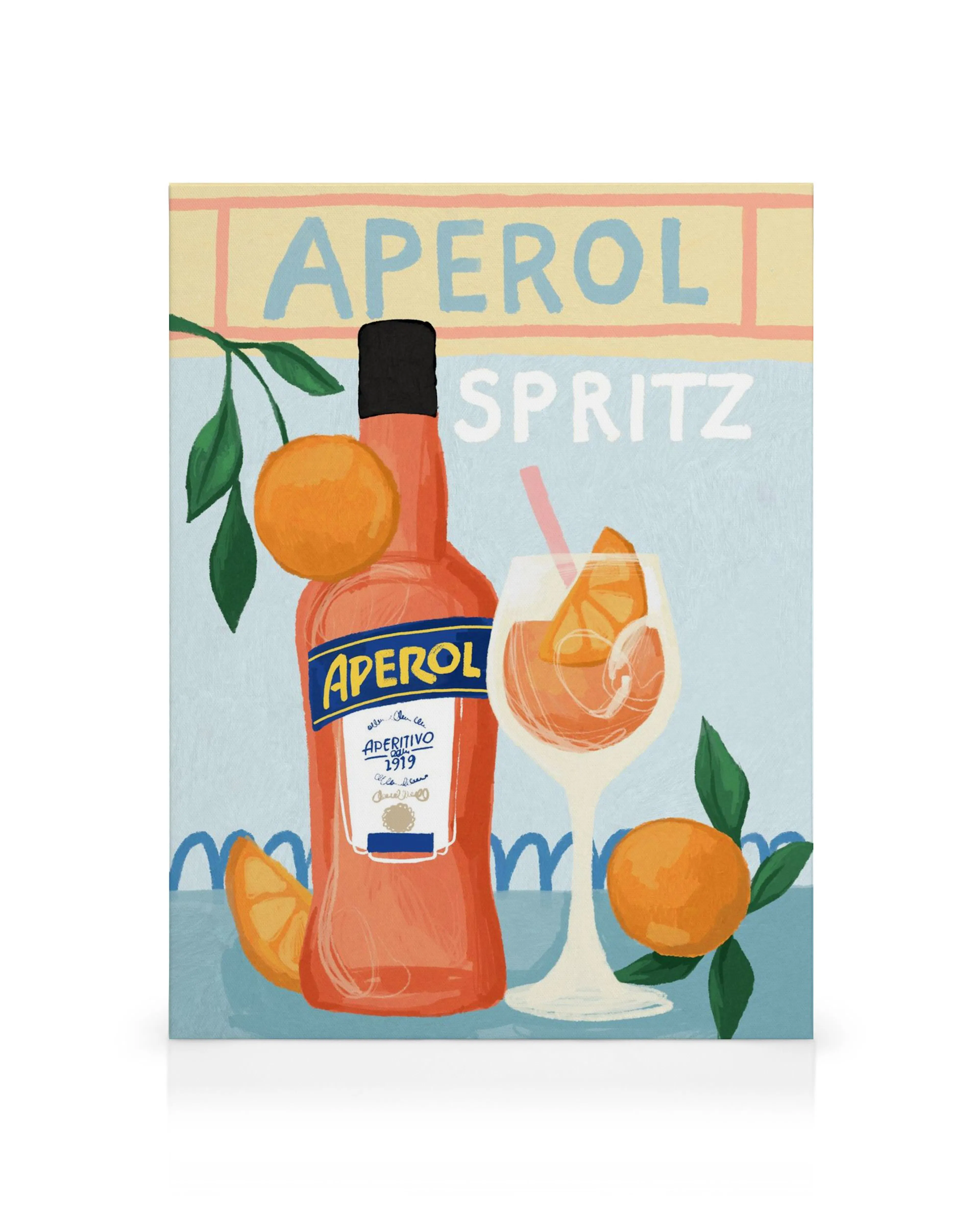 Toile Aperol Spritz avec bouteille, verre et oranges sur fond bleu et beige, typographie colorée