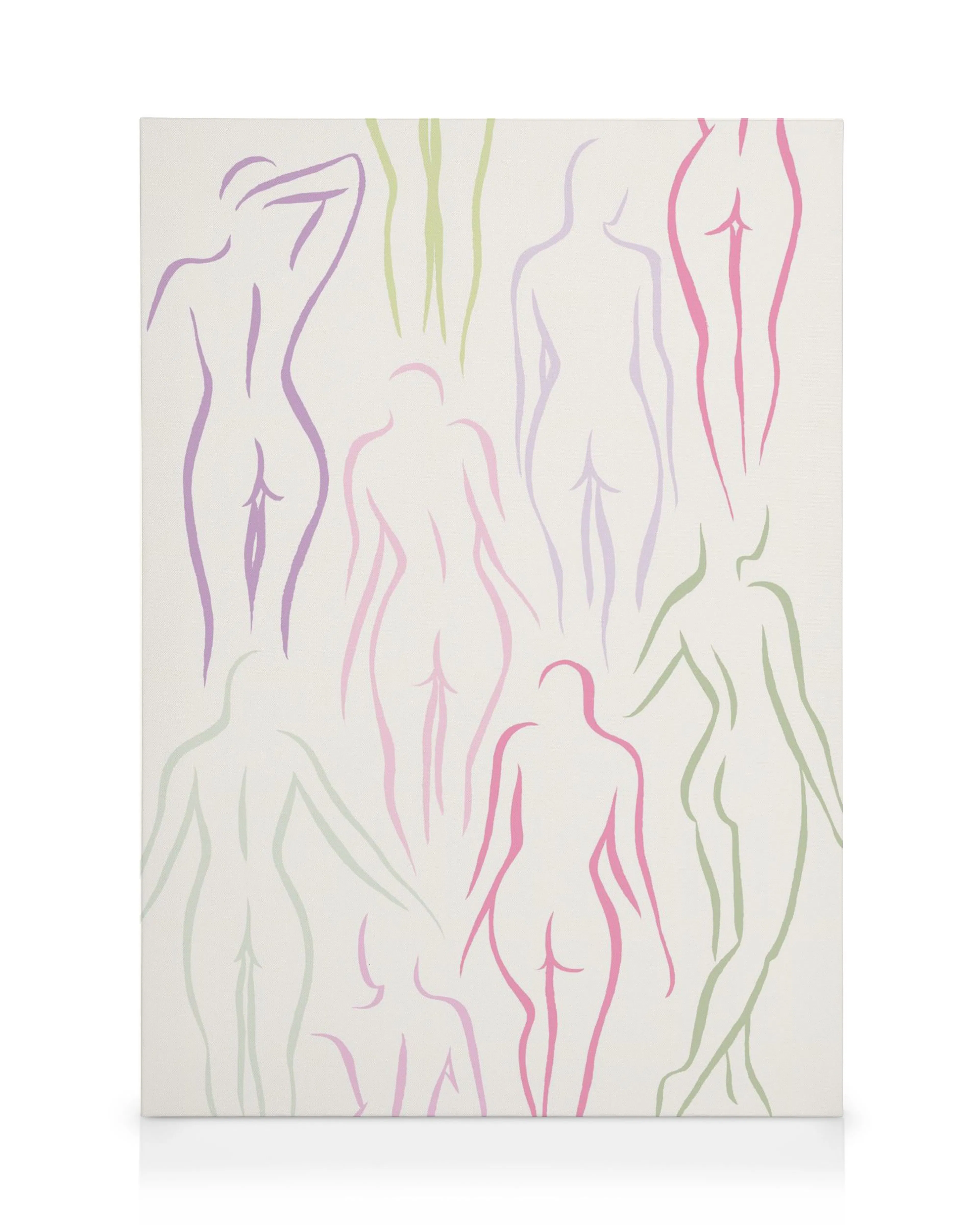 Dames De Beauté canvas print: abstract art of female bodies in pink, purple, and green lines on a white background.