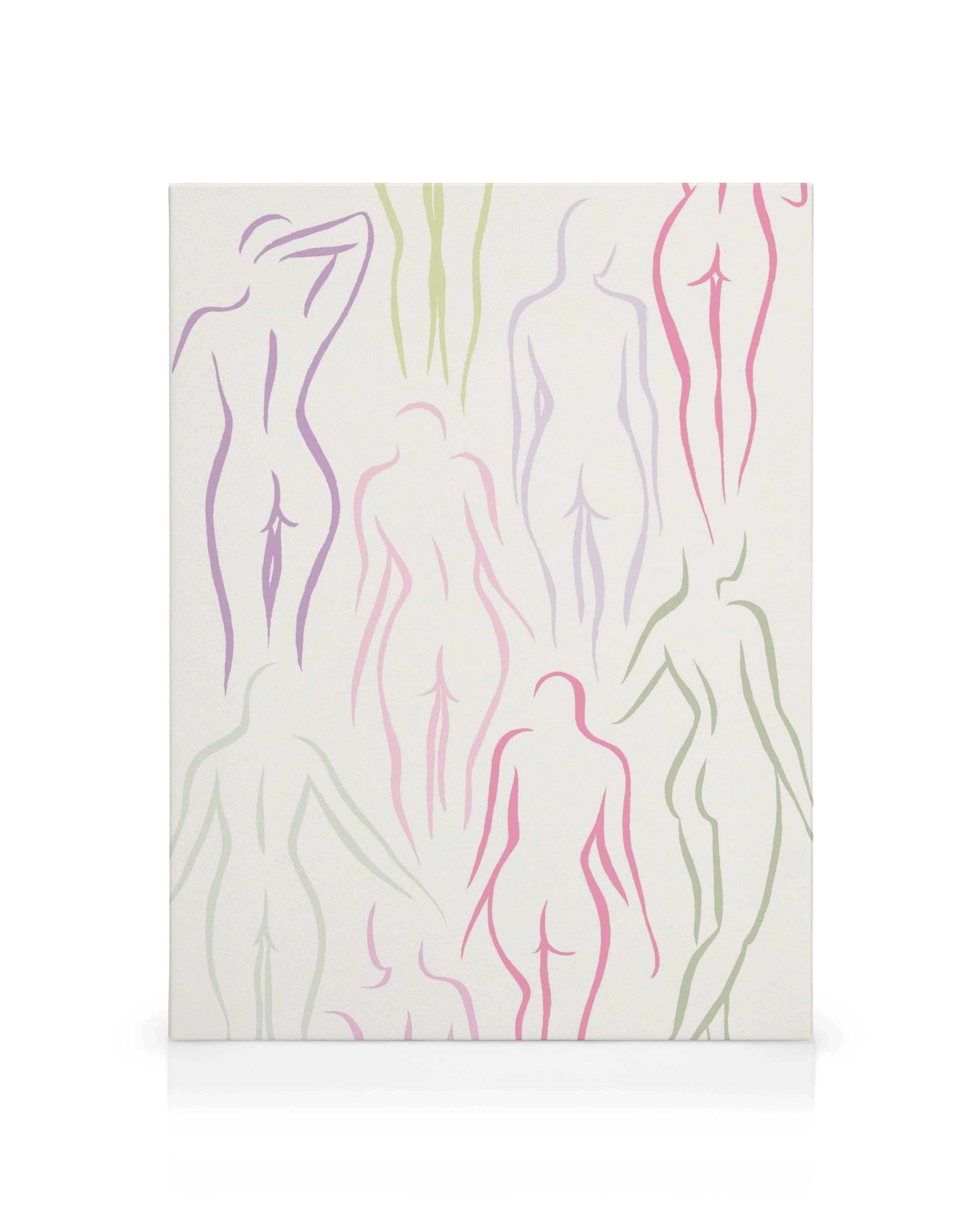 Toile avec typographie de figures humaines abstraites en violet, vert et rose sur fond blanc