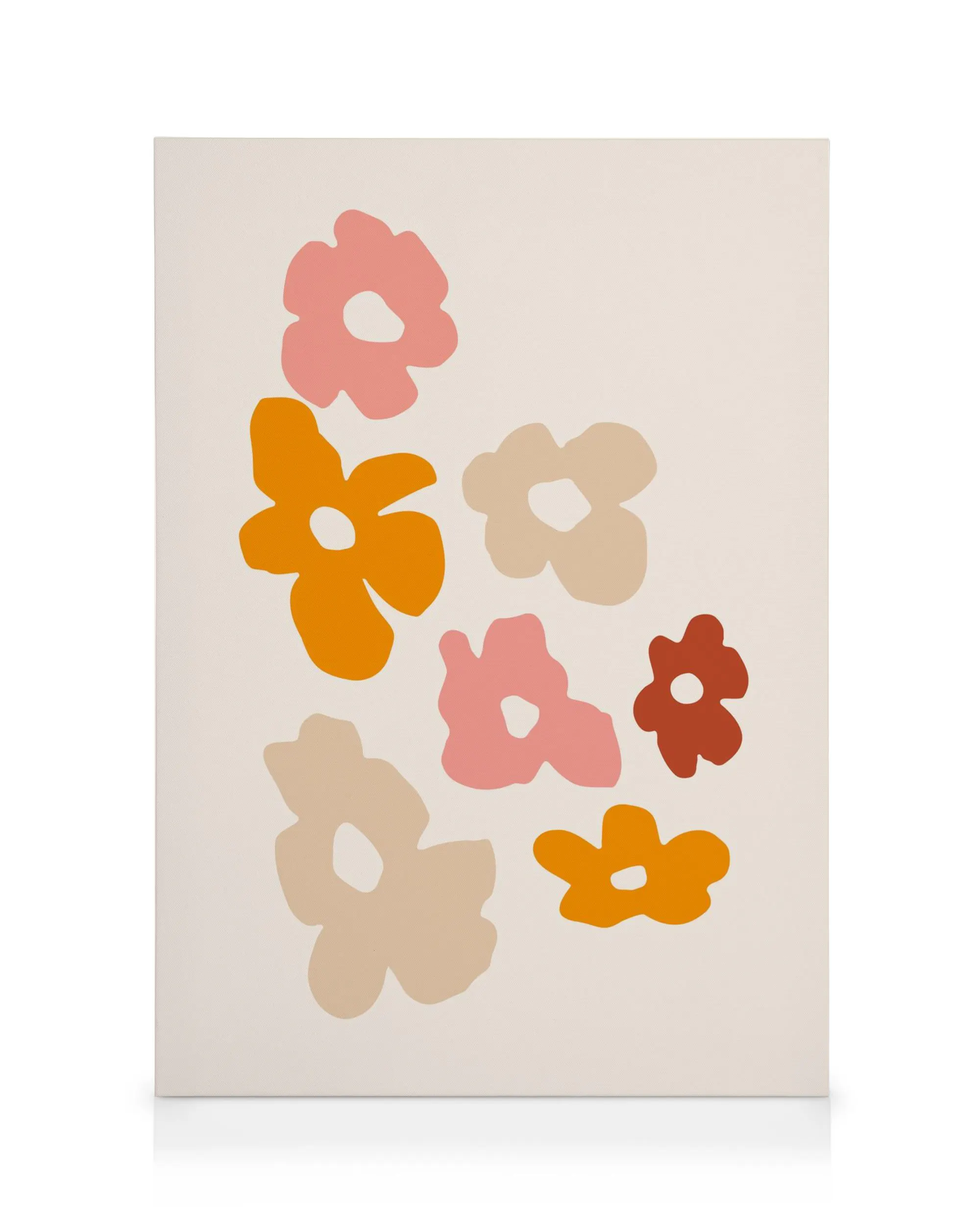Floral cut-outs canvas print with abstract flower shapes in peach, orange, and brown tones on a cream background.
