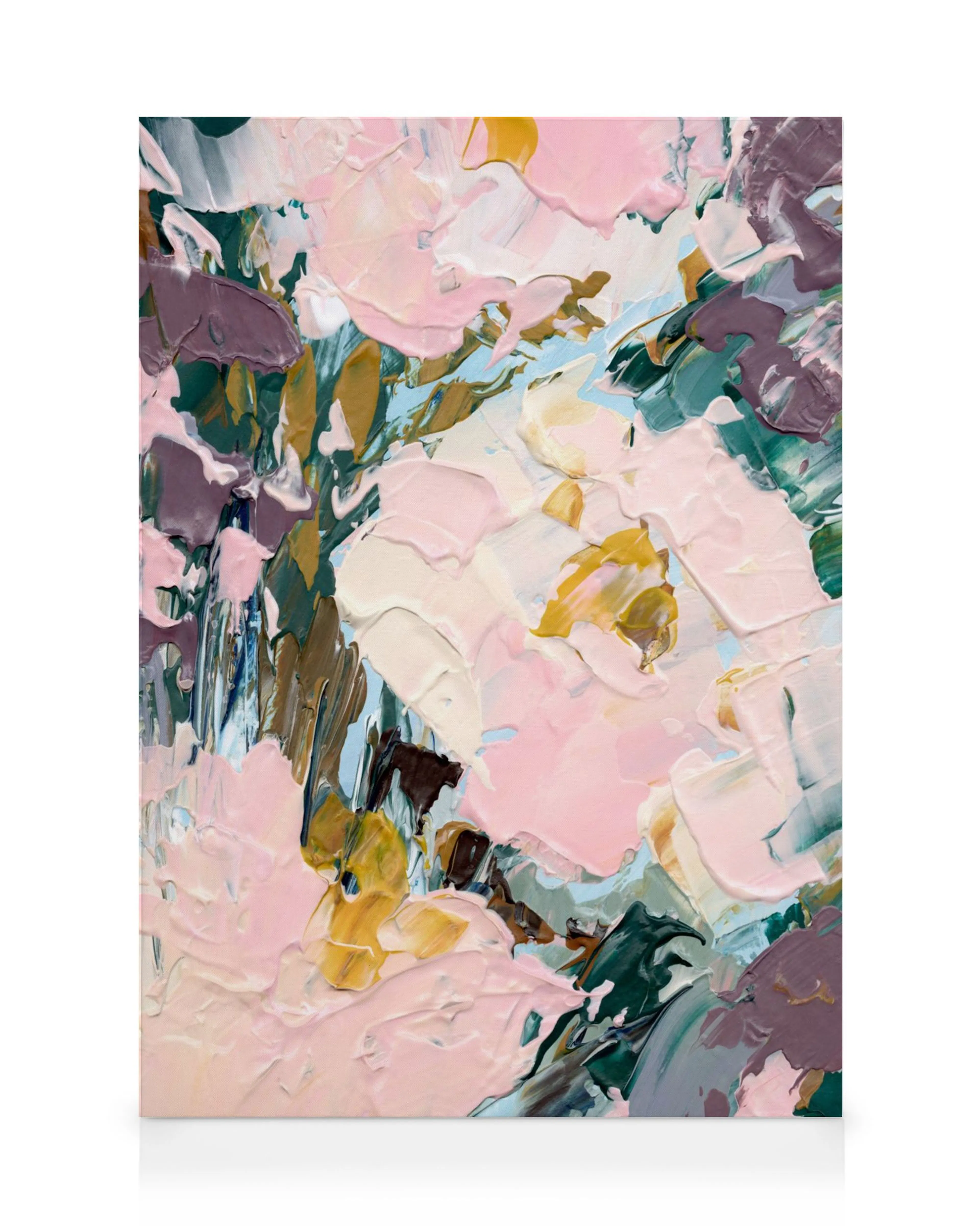 Stampa su tela astratta con pennellate spesse di rosa, verde, giallo e bianco, Rêves de Pivoine.