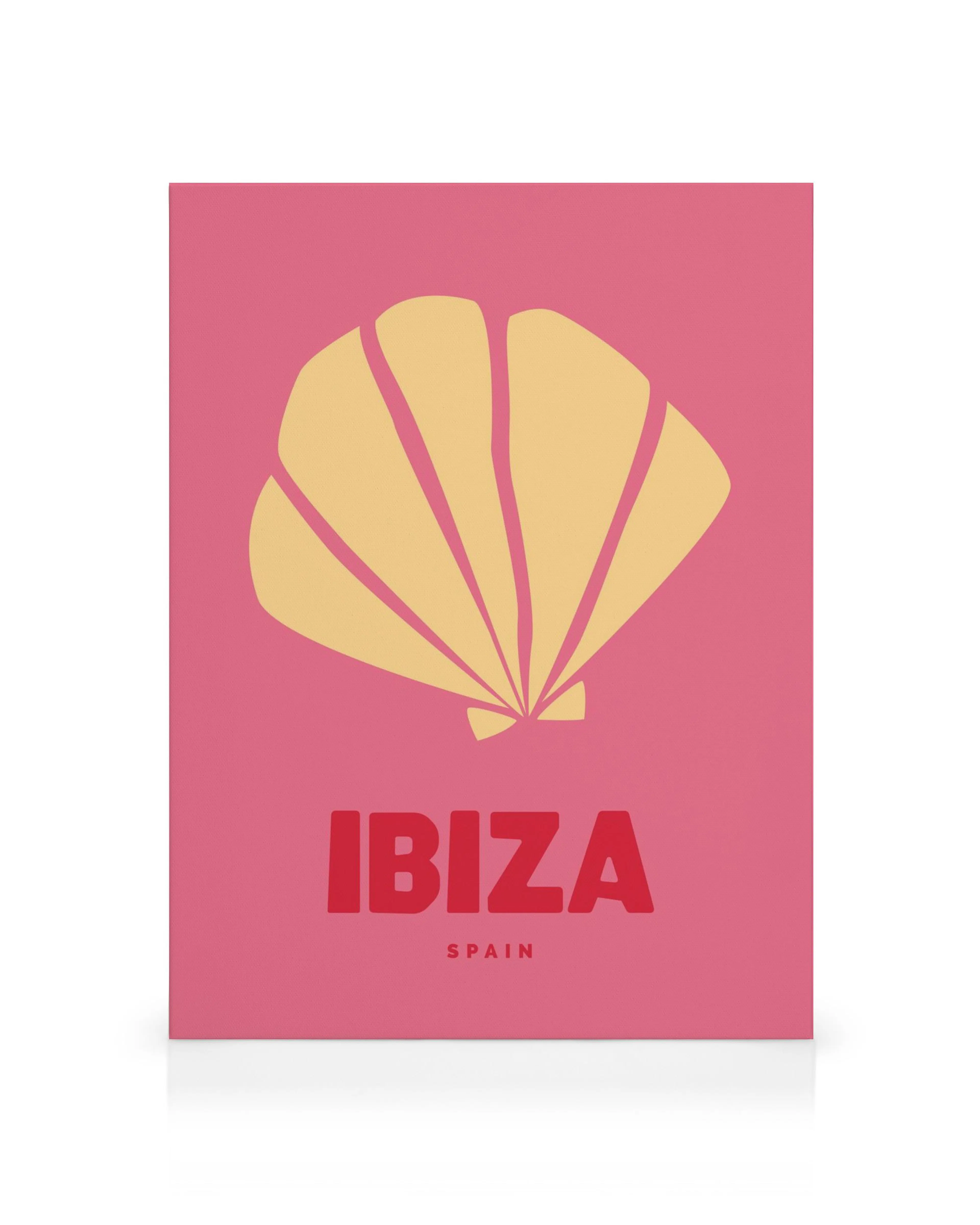 Roze canvas met gele schelp en de tekst Ibiza Spain in rood, ideaal voor een fotowand.