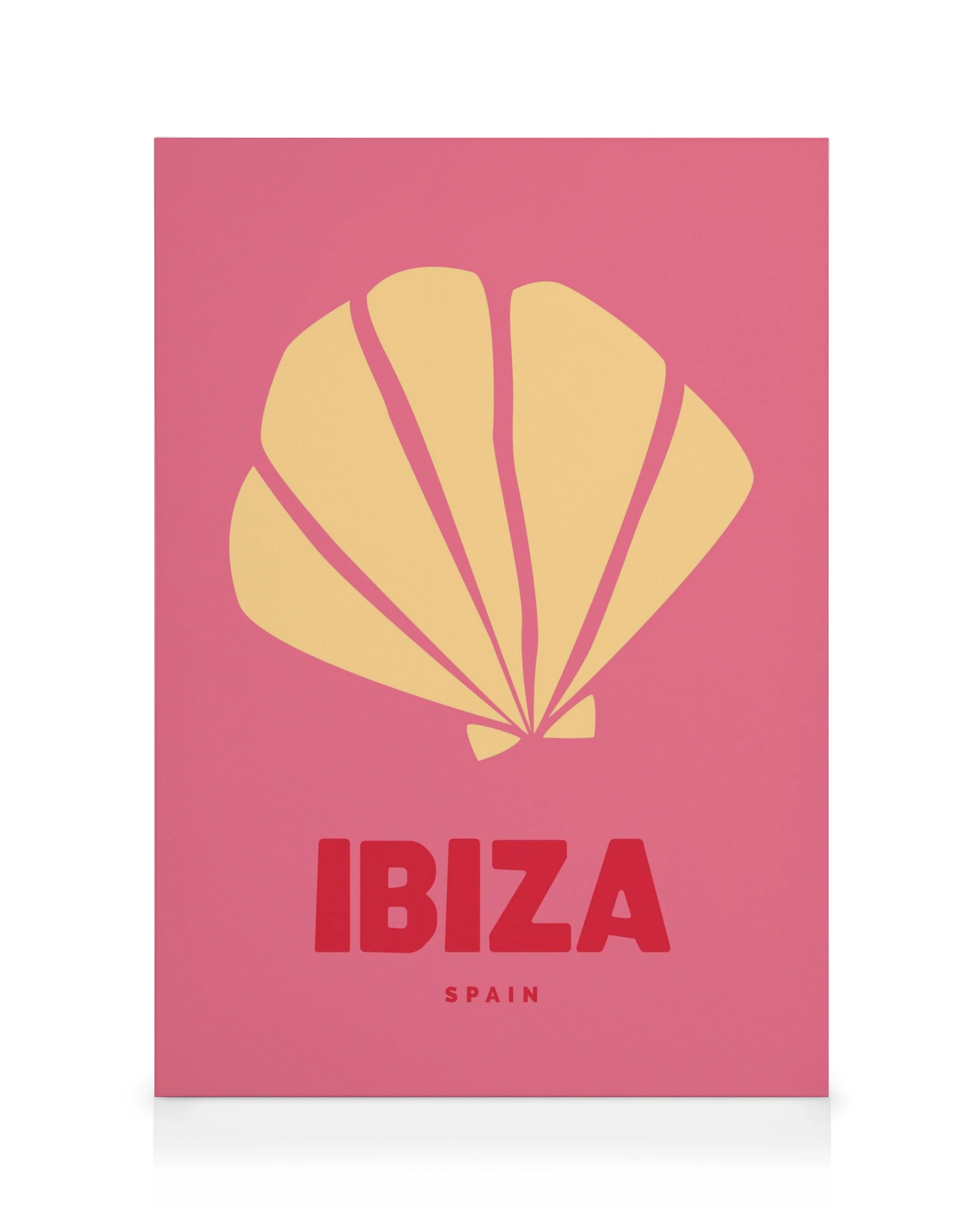 Toile rose avec coquillage jaune et typographie rouge Ibiza Espagne