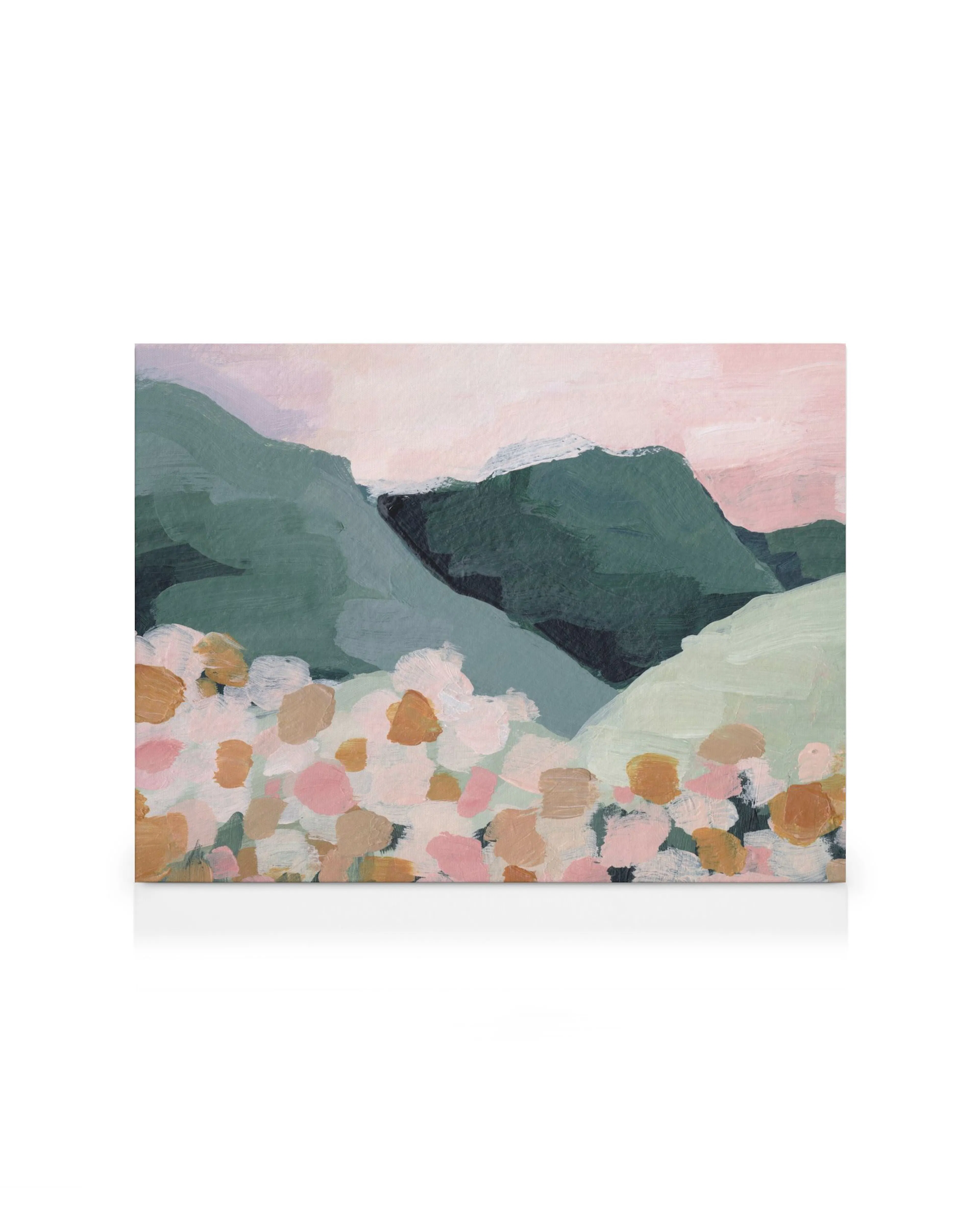 Acrylic landscape canvas print with abstract green mountains and a pink sky, and a foreground of pink, white, and gold brushstro