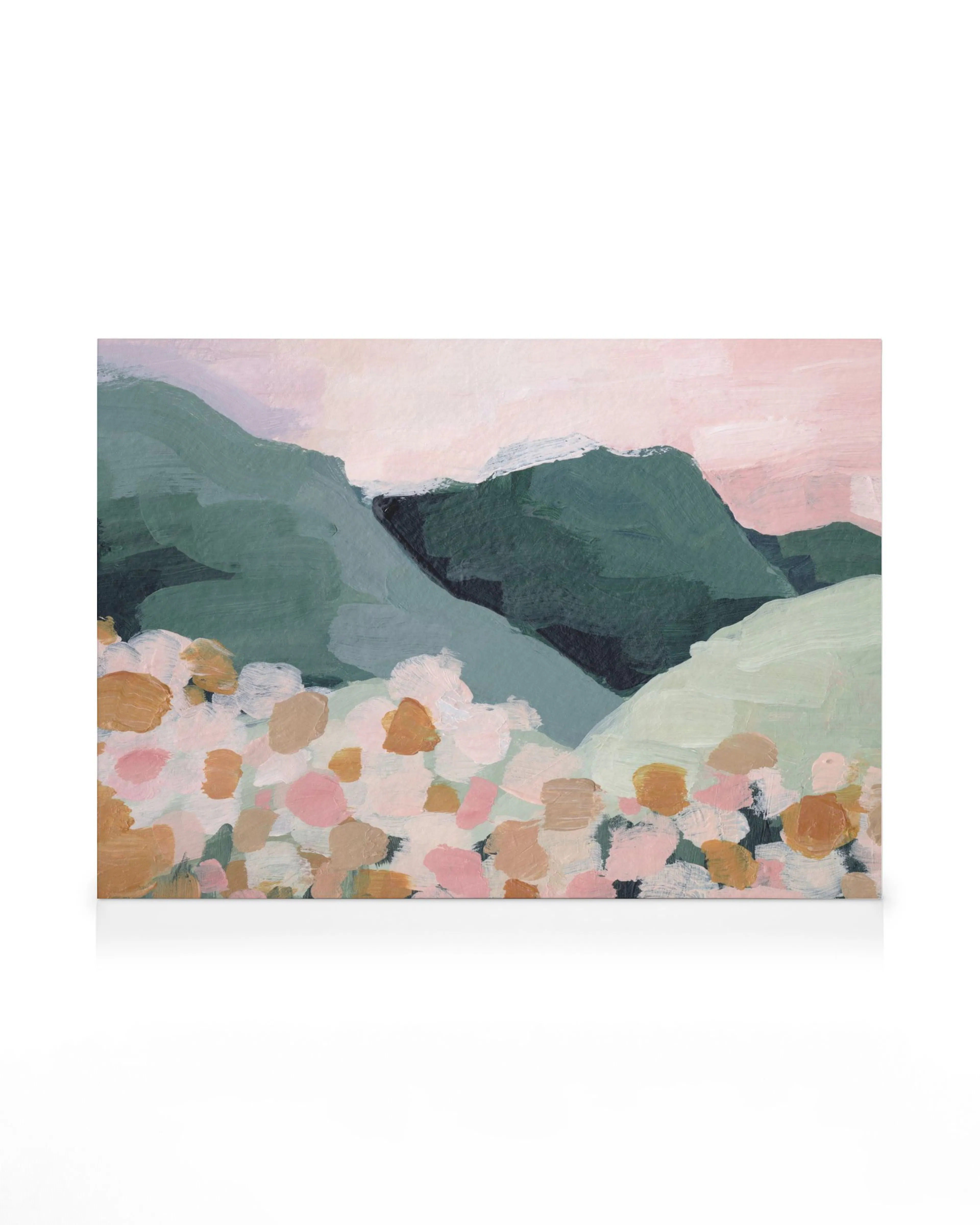 Acrylic landscape canvas print with abstract green mountains and a pink sky, and a foreground of pink, white, and gold brushstro