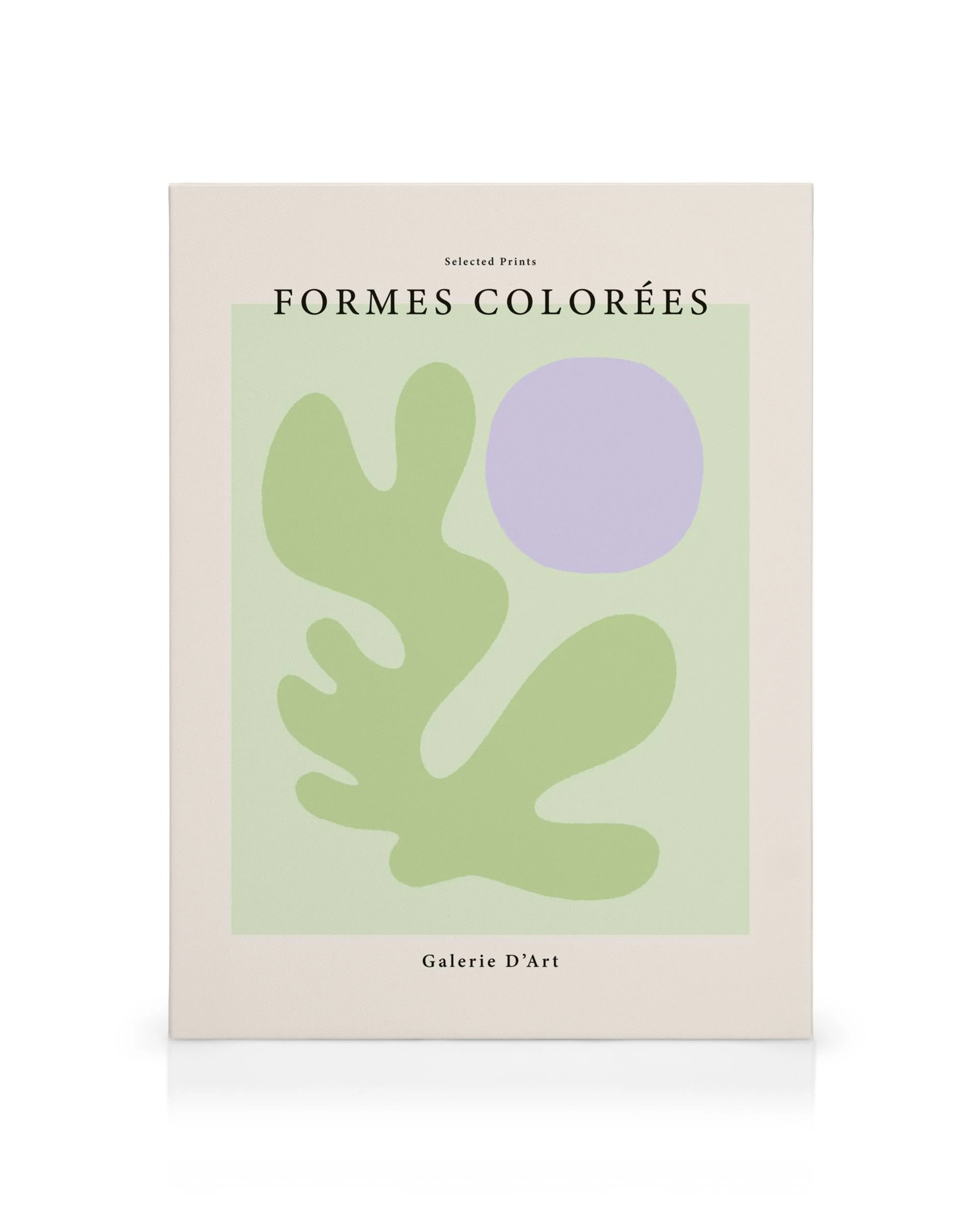 Abstract canvas print with green and purple shapes on a light beige background, featuring French text.