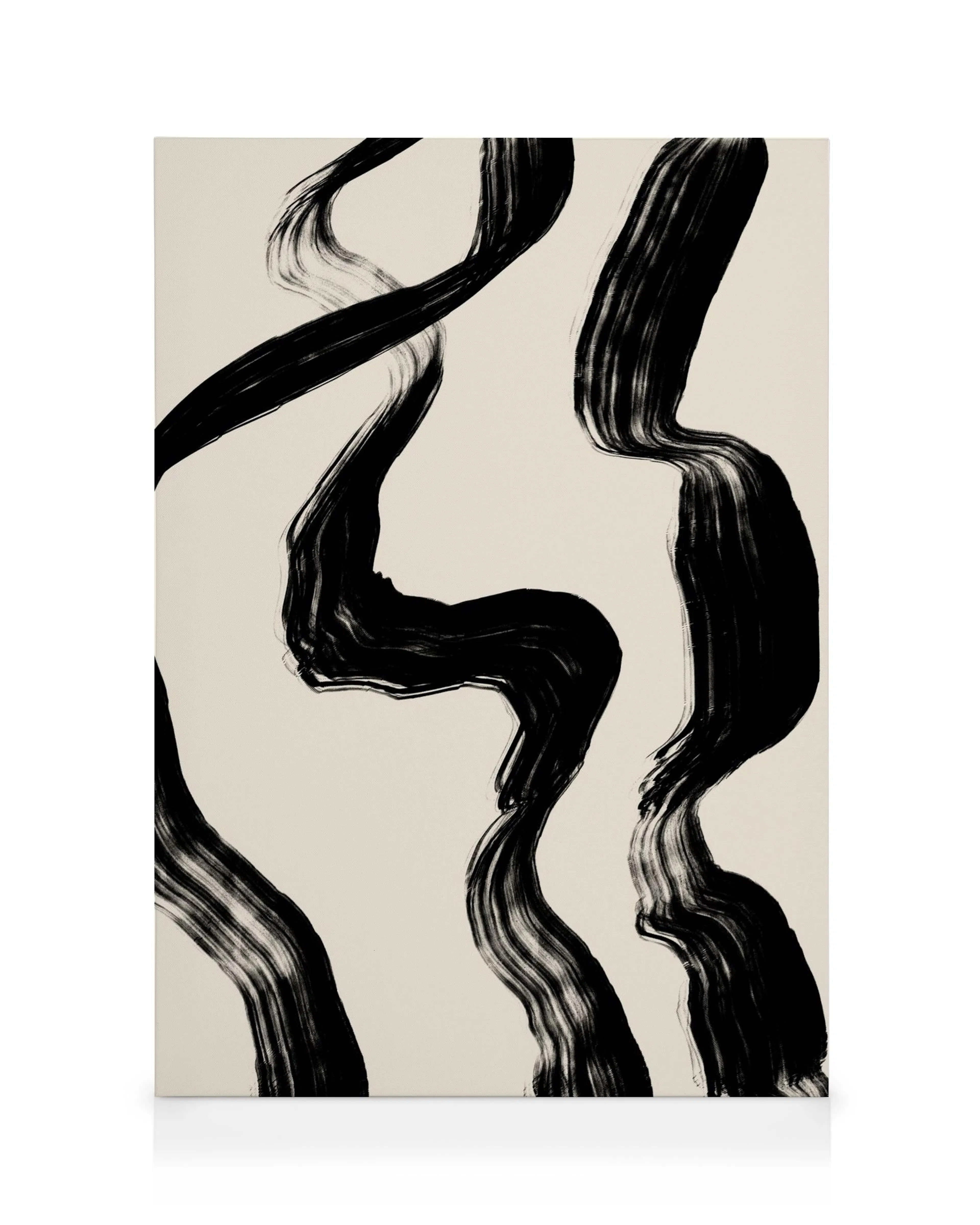 Abstract canvas print with bold black brush strokes on a light background, creating an elegant, flowing design.