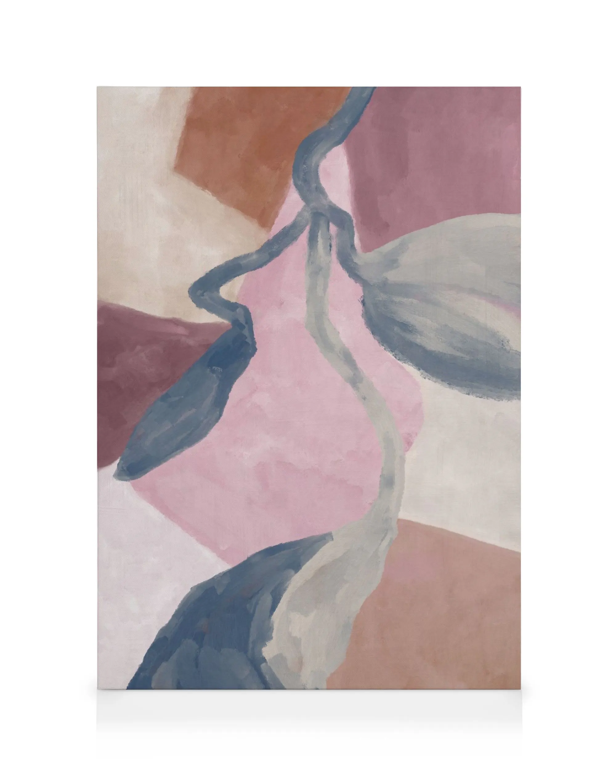 Abstract canvas print with pink, brown, gray, and white shapes connected by a curving gray line.